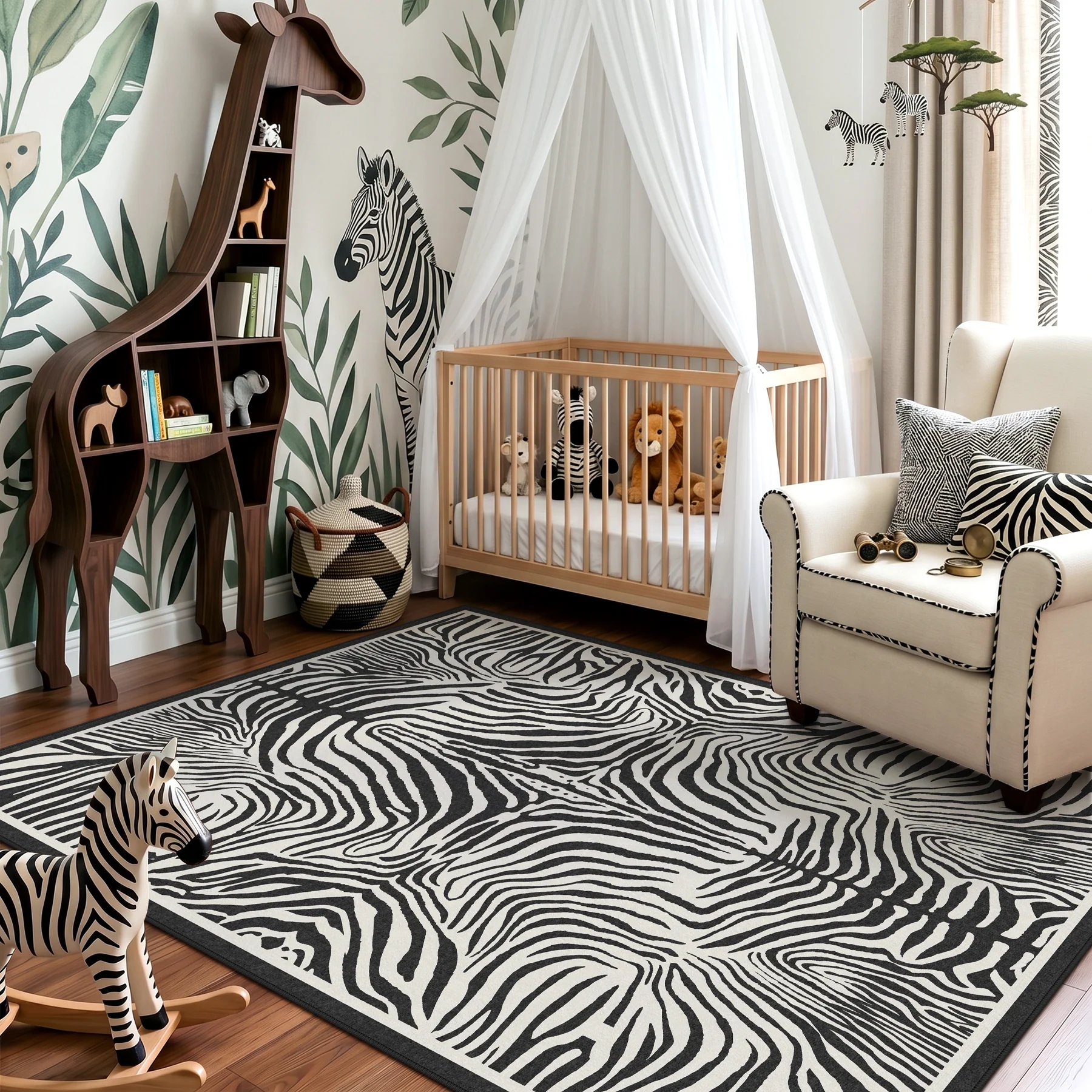 5x7 Zebra Print Washable Area Rug, Boho Modern Animal Soft Non Slip Nursery Living Room Carpet, Oeko-Tex Certified - Image 5