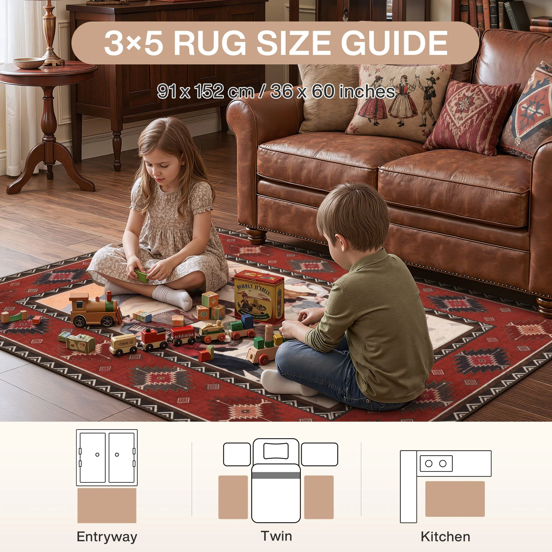 3x5/5x7 Southwestern Rust Red Rugs, Boho Tribal Washable Area Rug for Entryway, Soft Non-Slip Low Pile Indoor Carpet, Oeko-Tex Certified - Image 6