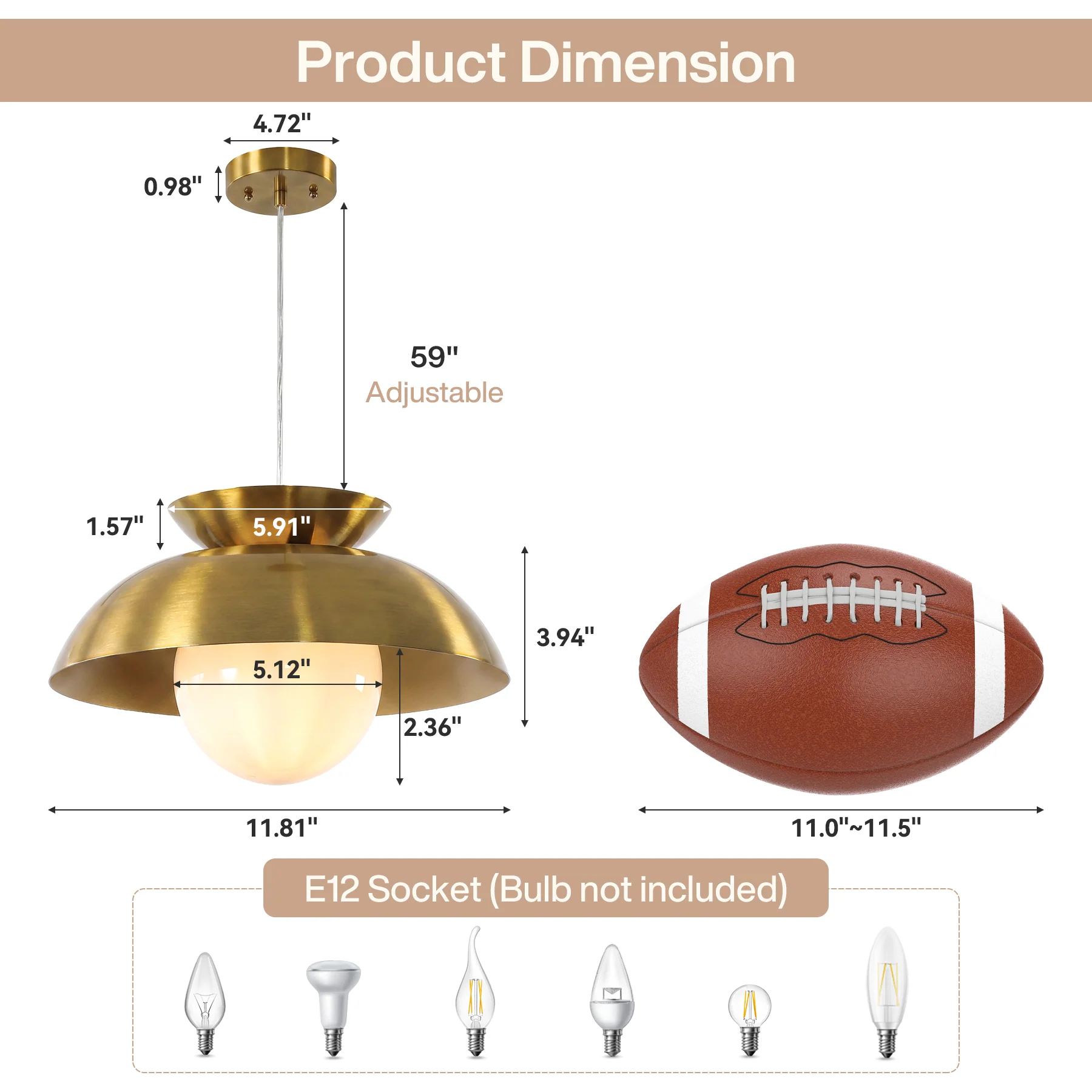 Brass Dome Pendant Light, Gold Island Light Fixtures with Height Adjustable - Image 2