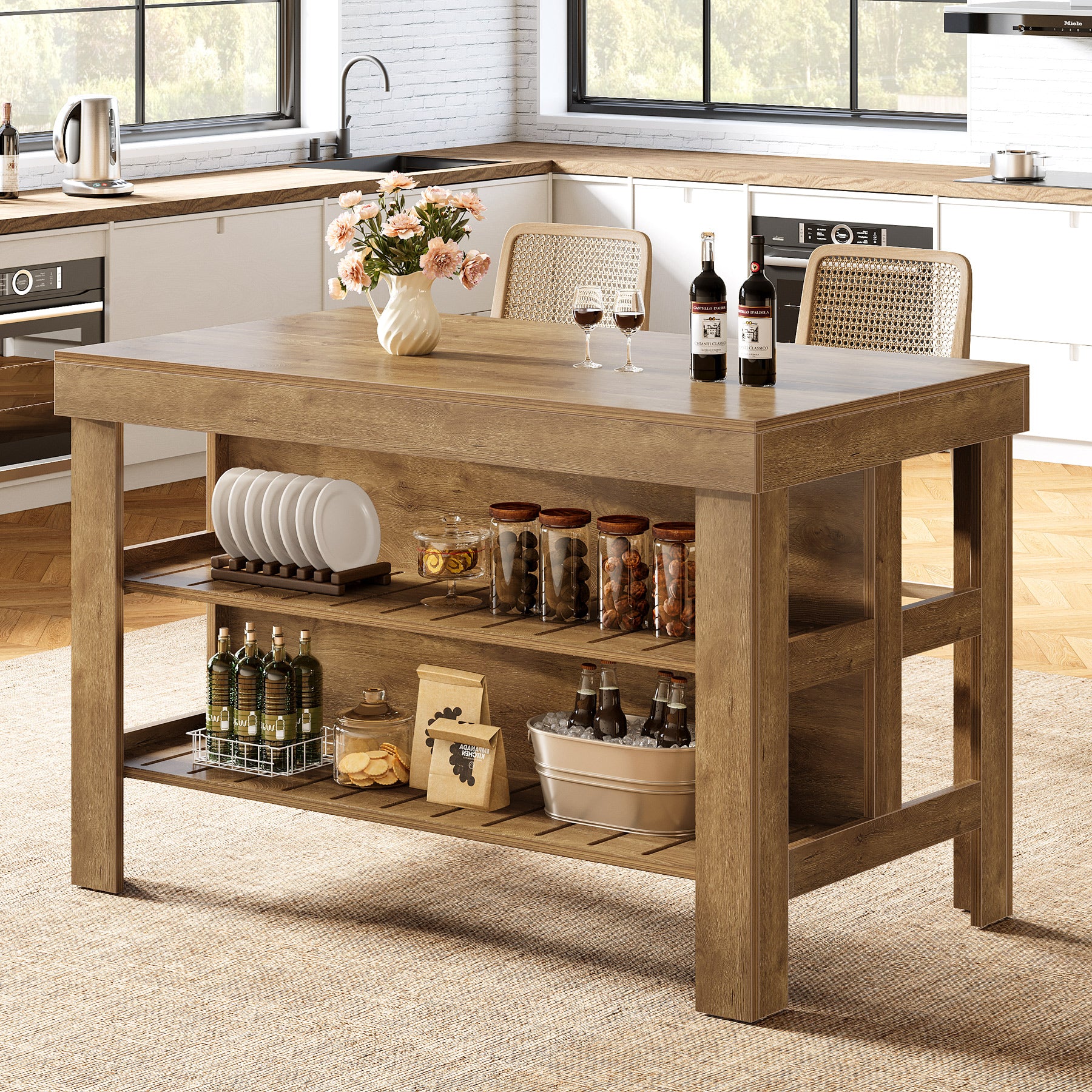 55" Kitchen Island, Breakfast Counter with Seating and Storage Shelves - Image 10