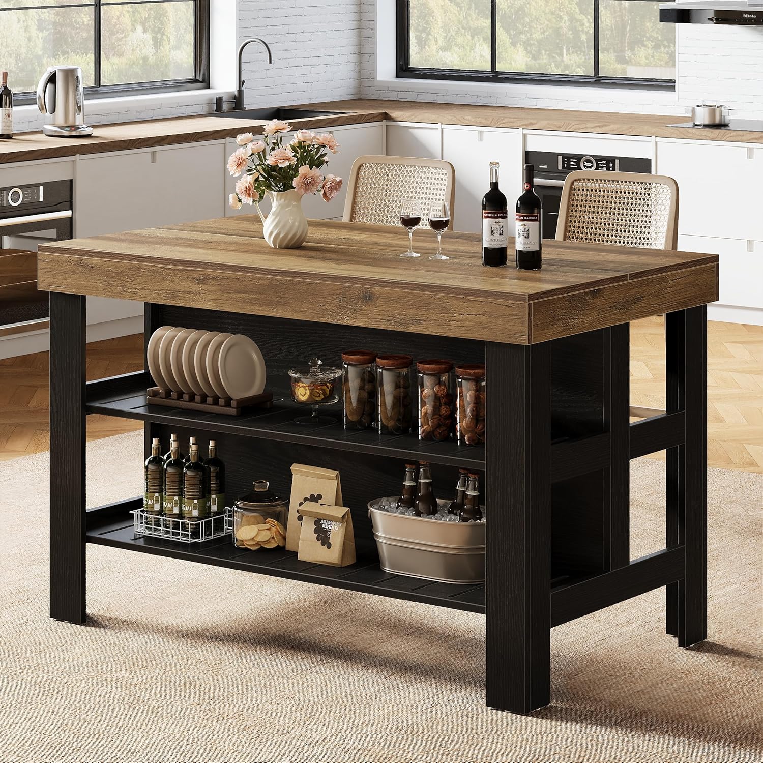 55" Kitchen Island, Breakfast Counter with Seating and Storage Shelves - Image 12