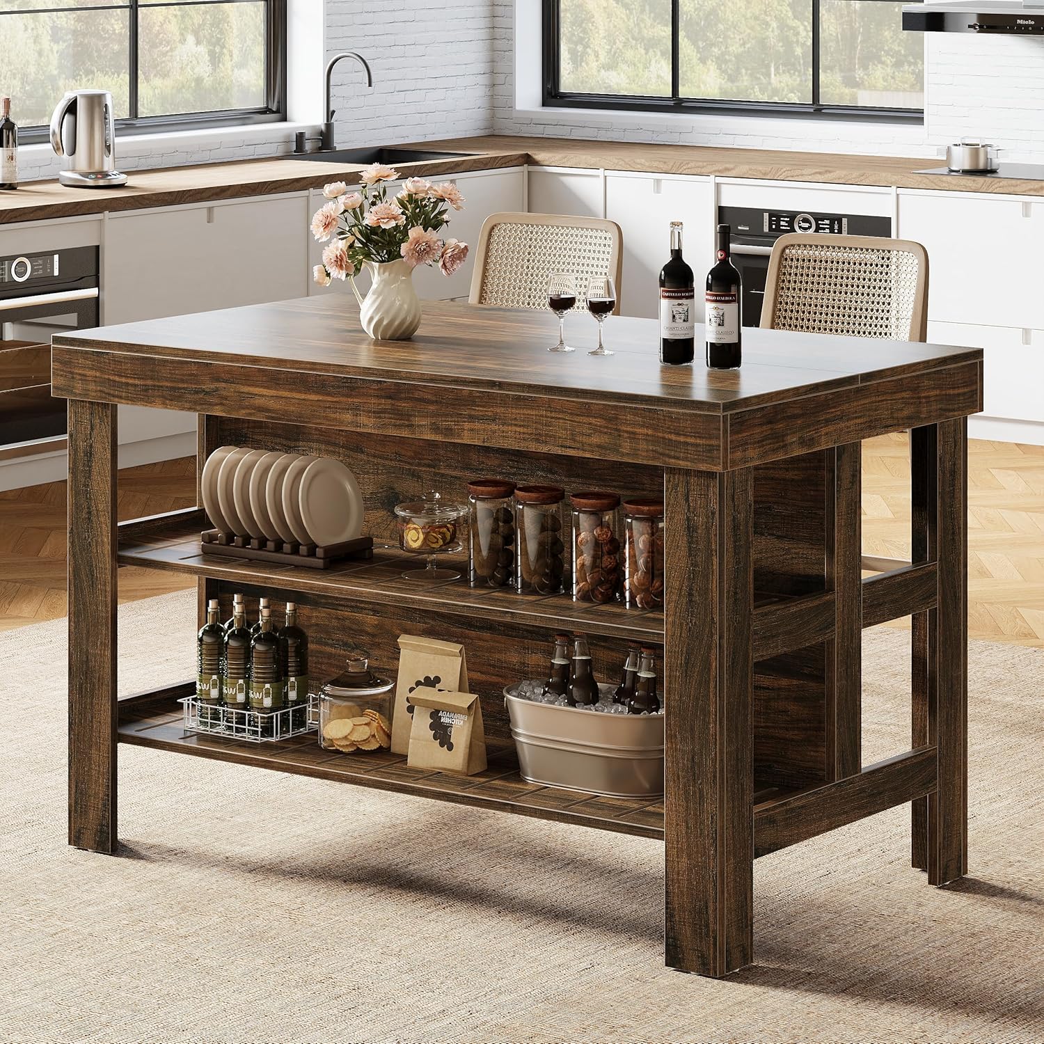 55" Kitchen Island, Breakfast Counter with Seating and Storage Shelves - Image 13