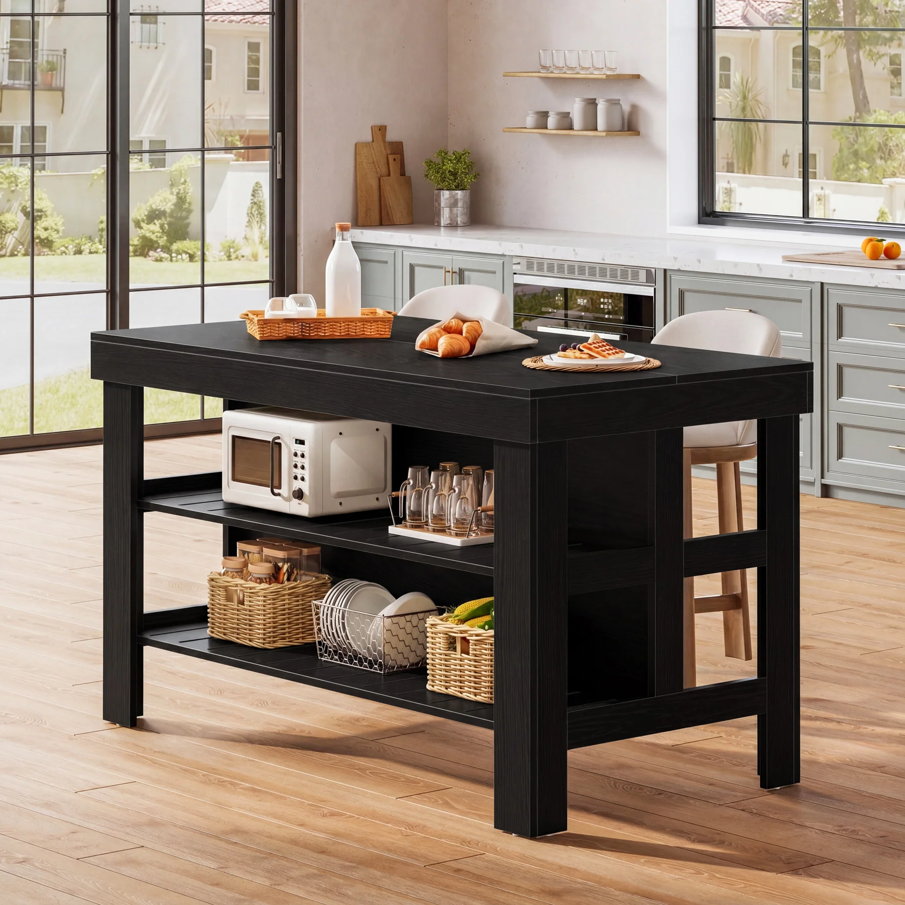 55" Kitchen Island, Breakfast Counter with Seating and Storage Shelves - Image 14