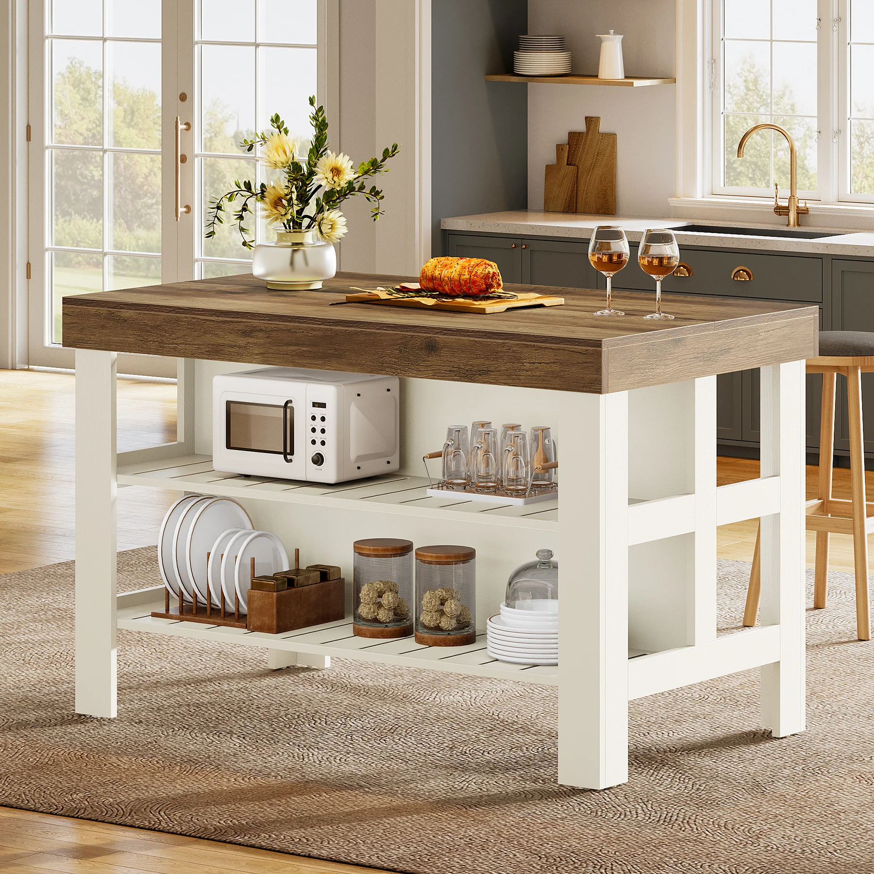 55" Kitchen Island, Breakfast Counter with Seating and Storage Shelves - Image 4