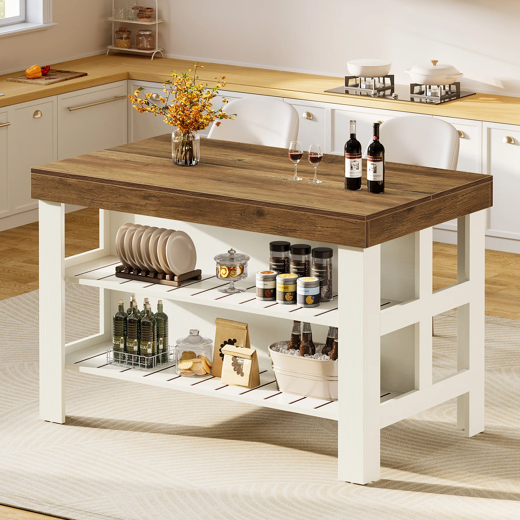 55" Kitchen Island, Breakfast Counter with Seating and Storage Shelves - Image 5