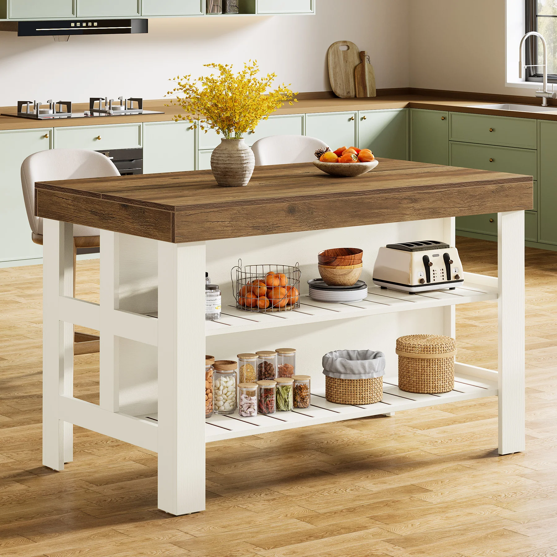 55" Kitchen Island, Breakfast Counter with Seating and Storage Shelves - Image 6