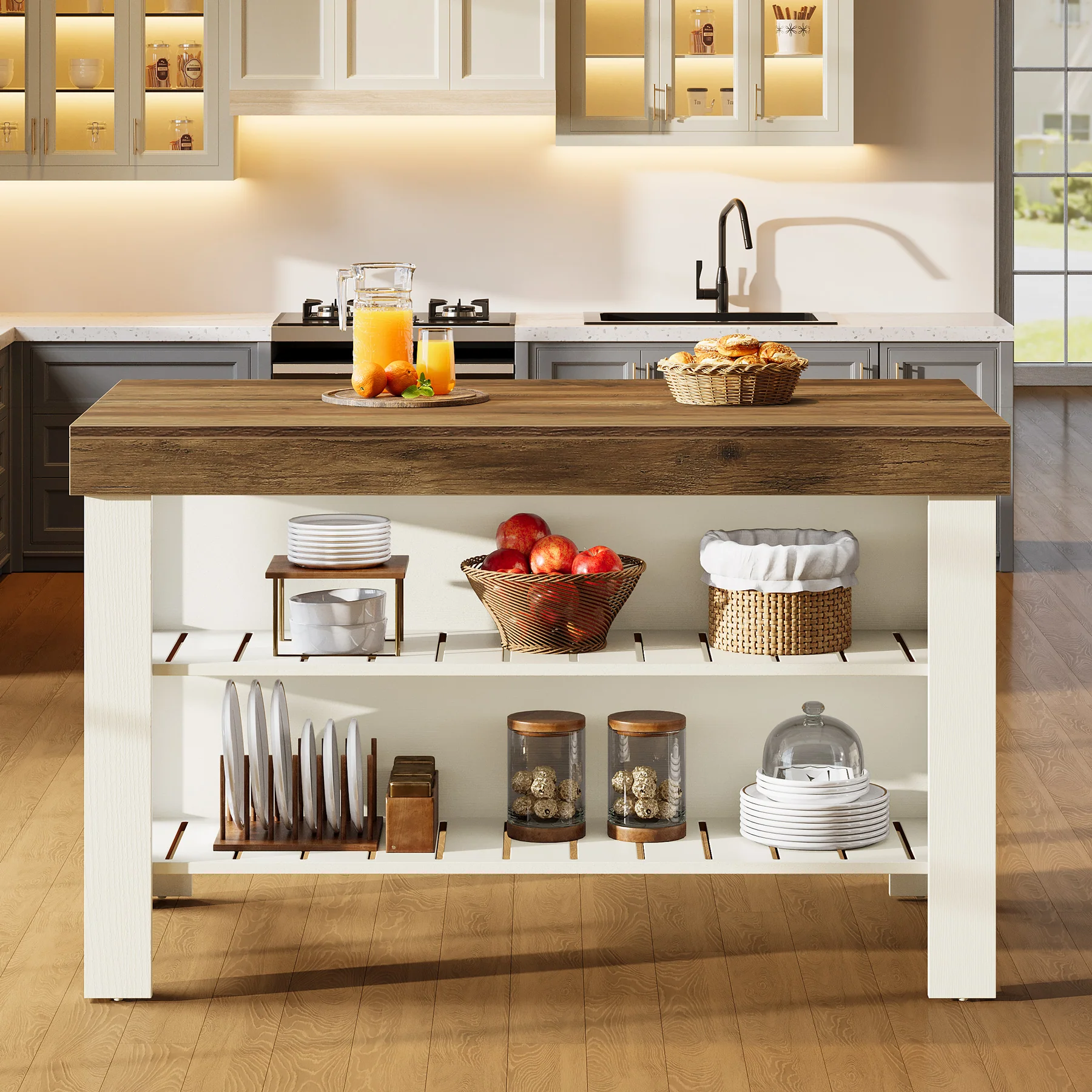 55" Kitchen Island, Breakfast Counter with Seating and Storage Shelves - Image 7