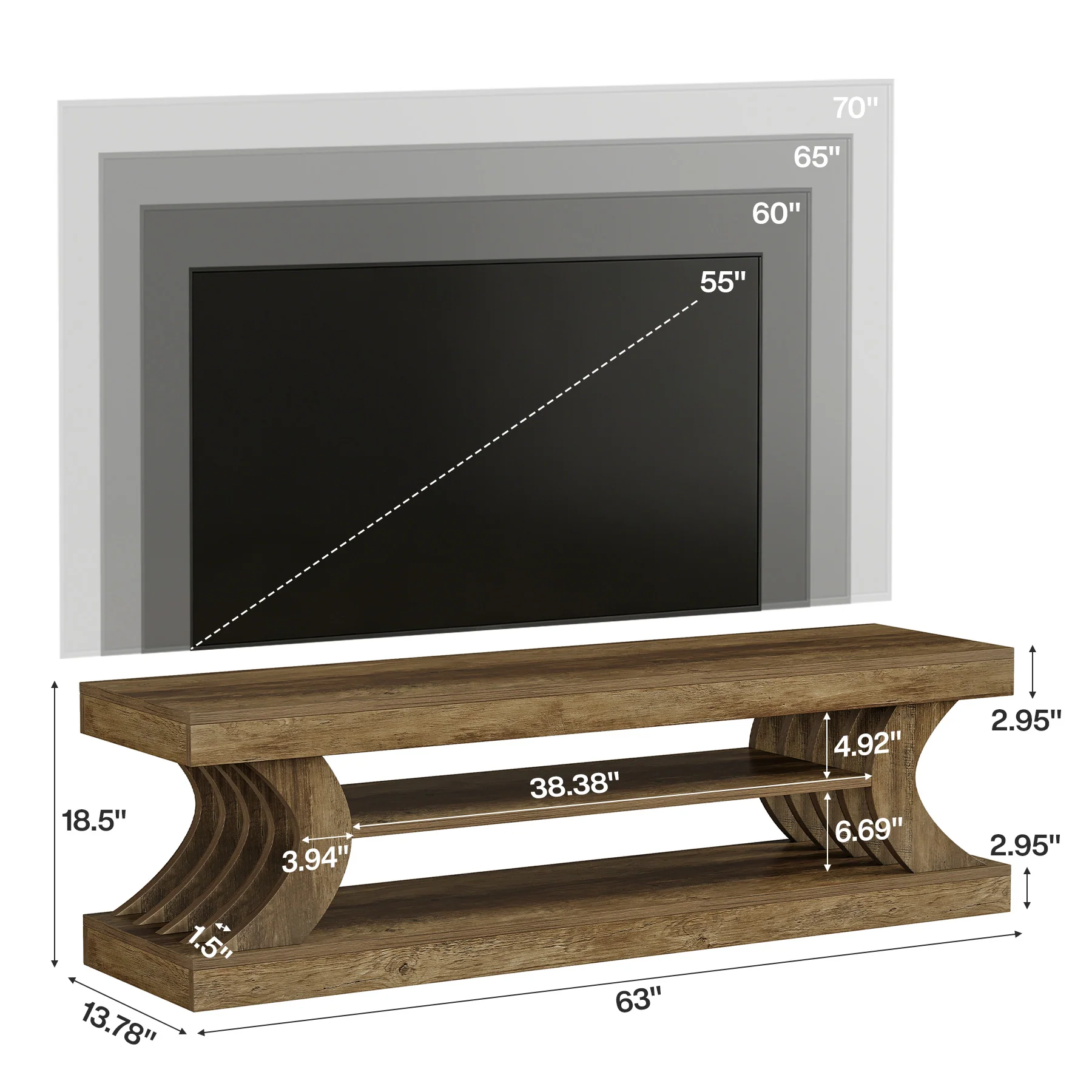 63" Modern TV Stand, C-Shaped 3-Tier Entertainment Center for 55/65/70 Inch TVs - Image 2