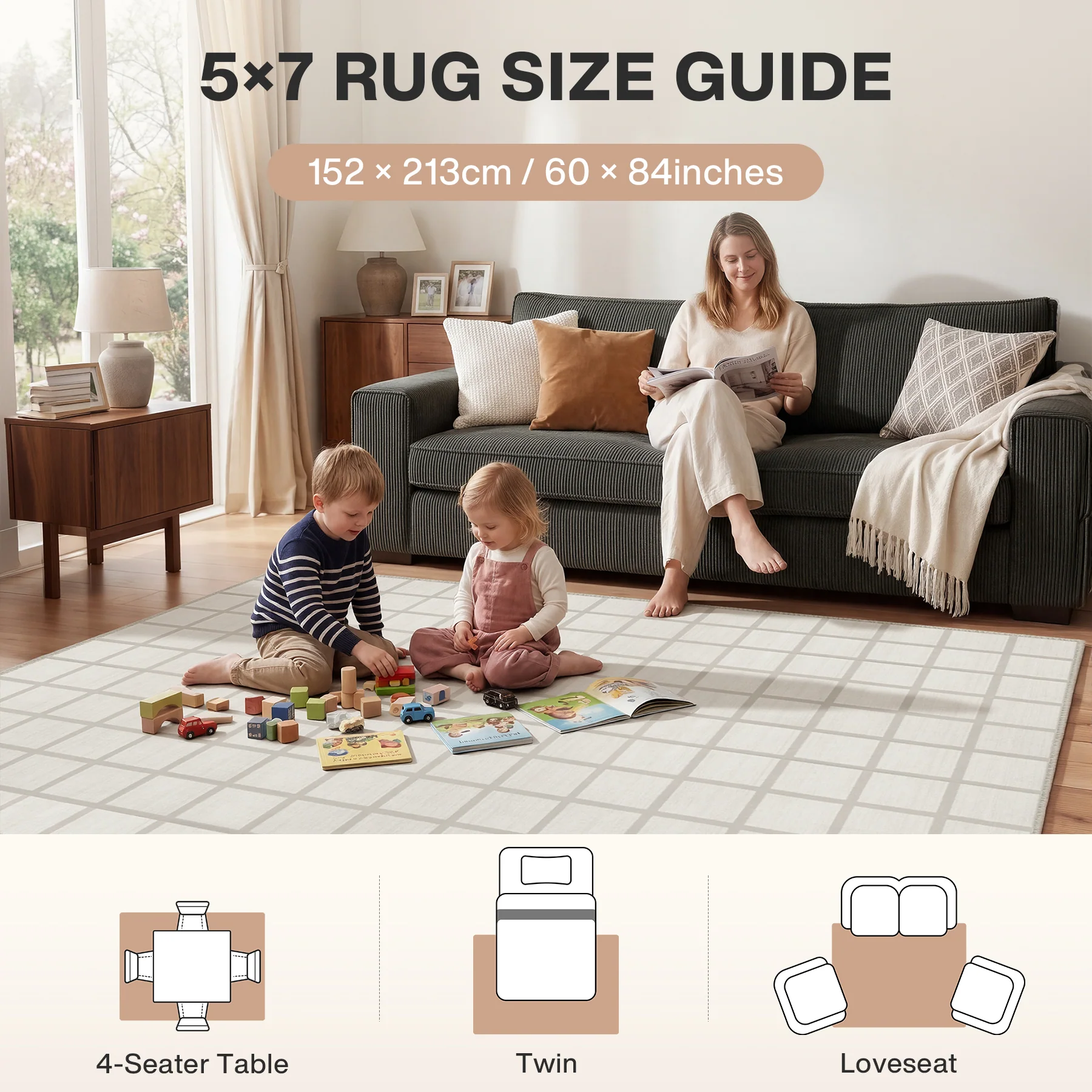 5x7/8x10 Modern Plaid Area Rug, Checkered Washable Rug Soft Non-Slip Ultra Thin Throw Carpet for Living Room, Oeko-Tex Certified - Image 14