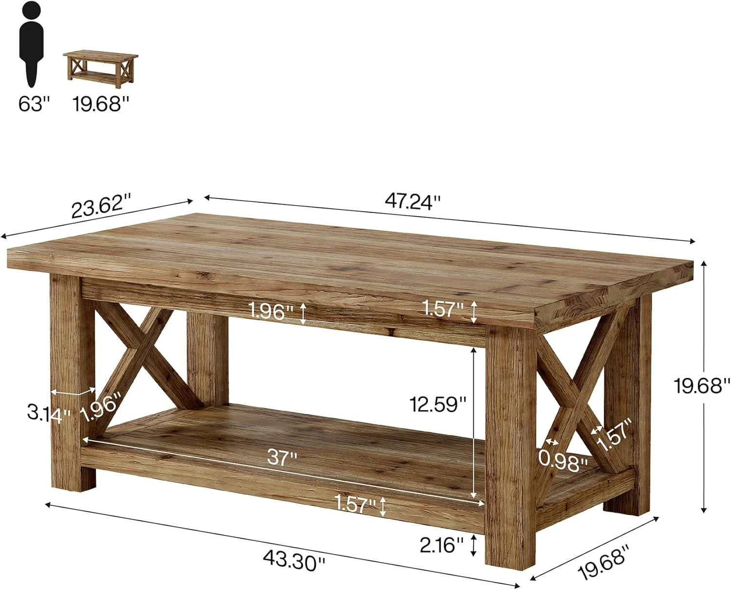 Tribesigns 47" Coffee Table, Farmhouse Rectangular Table with 2-Tier Storage for Living Room - Image 2