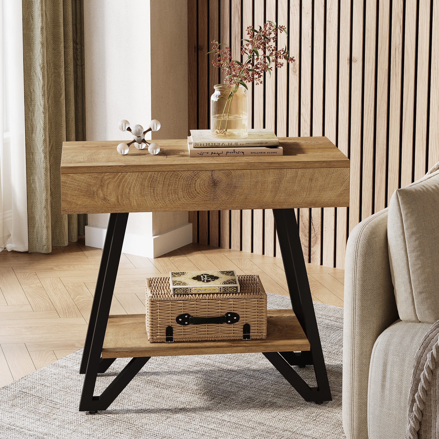 Narrow End Table,Couch Arm Side Table Nightstand with Storage Shelves - Image 3