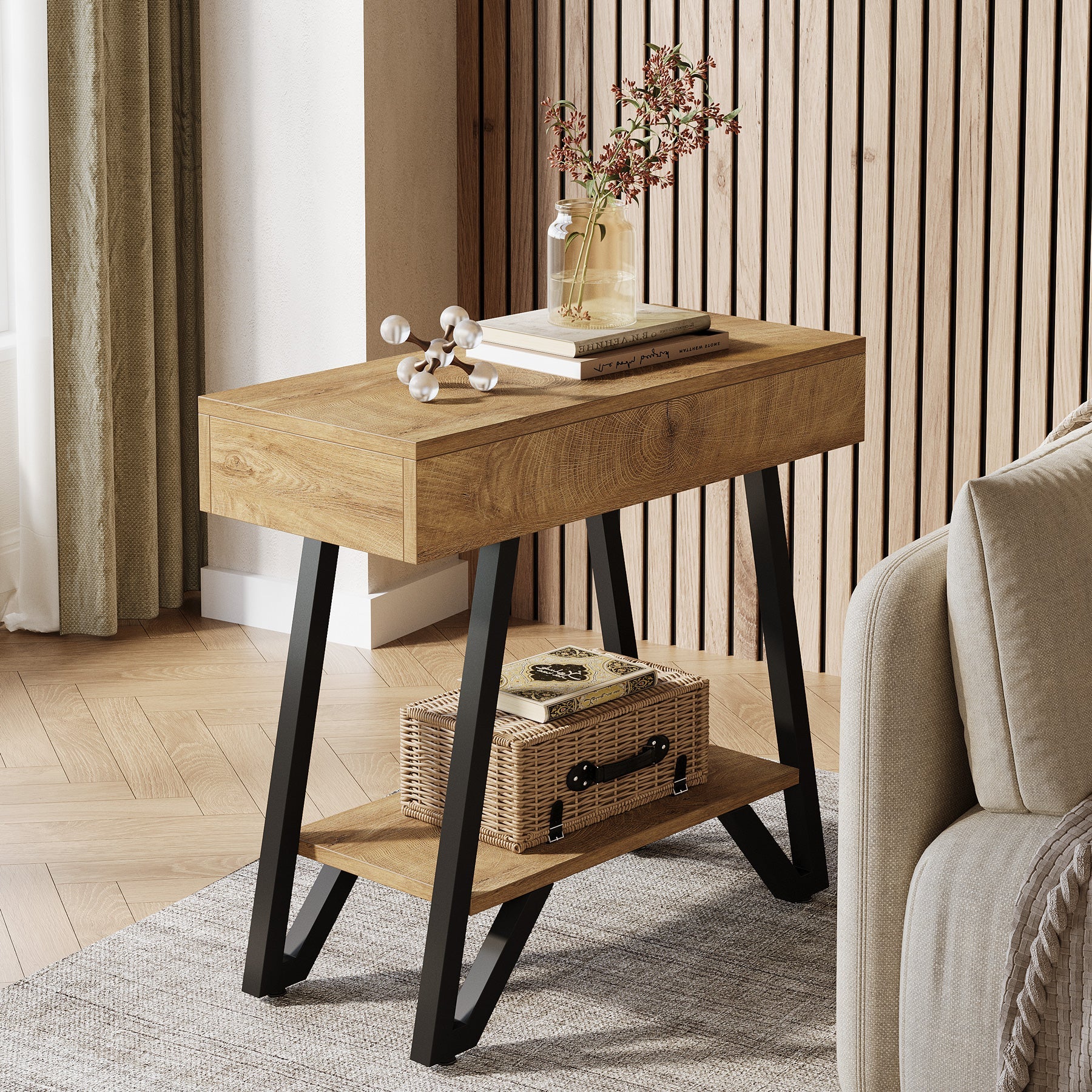 Narrow End Table,Couch Arm Side Table Nightstand with Storage Shelves - Image 4