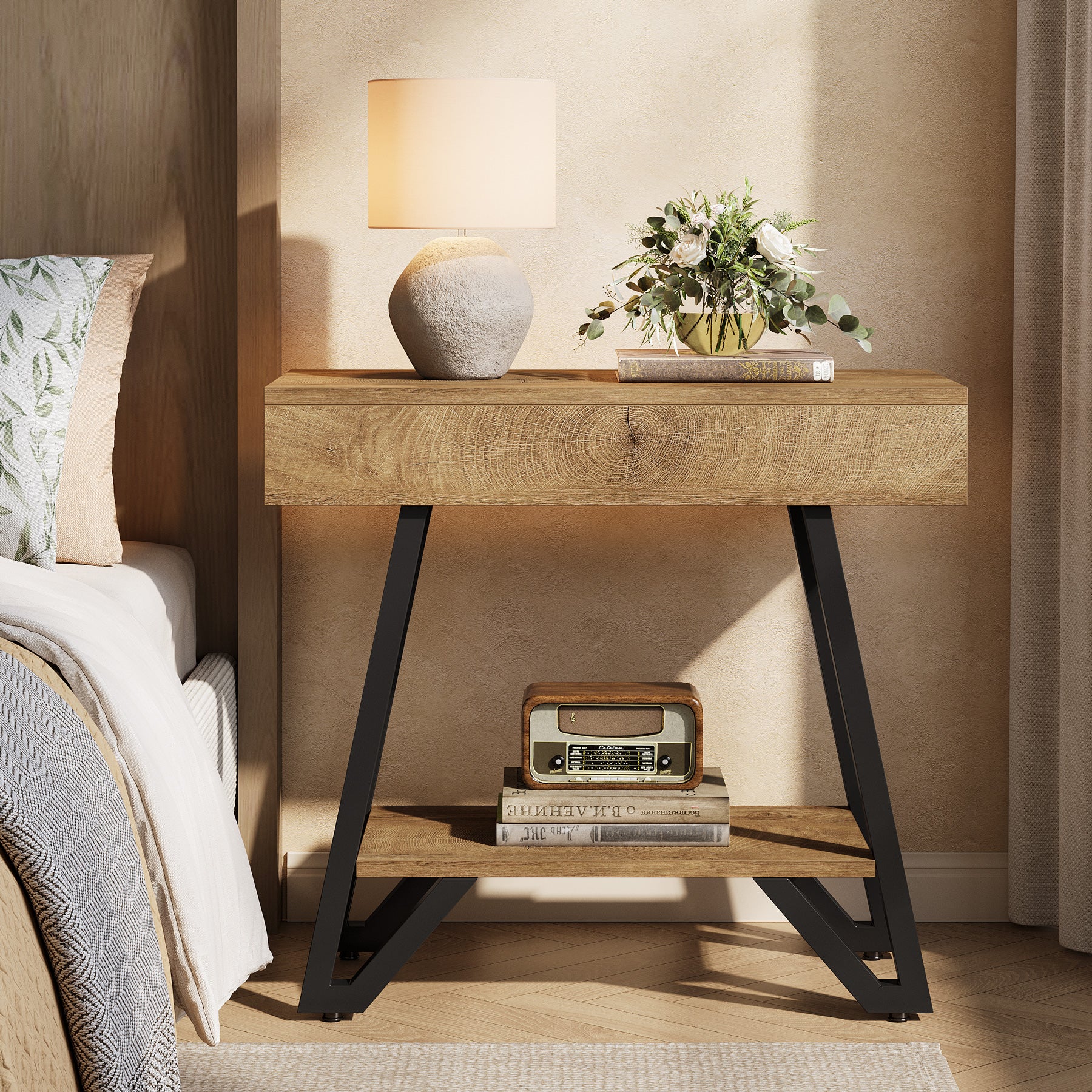 Narrow End Table,Couch Arm Side Table Nightstand with Storage Shelves - Image 5