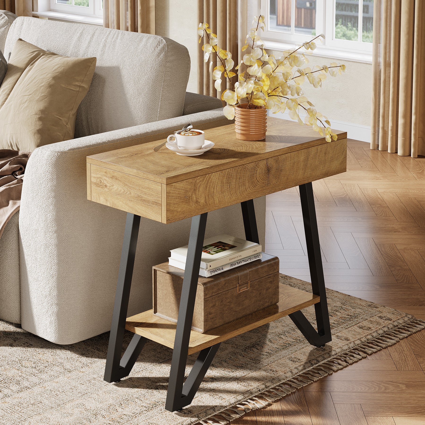 Narrow End Table,Couch Arm Side Table Nightstand with Storage Shelves - Image 6