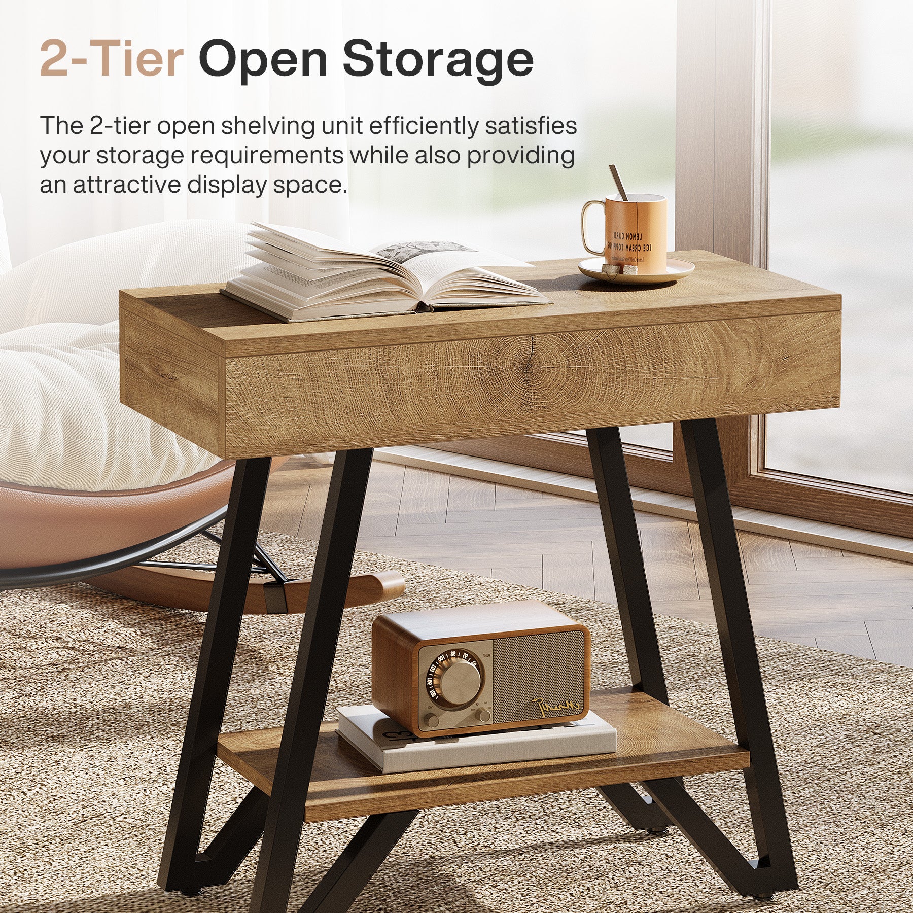 Narrow End Table,Couch Arm Side Table Nightstand with Storage Shelves - Image 8