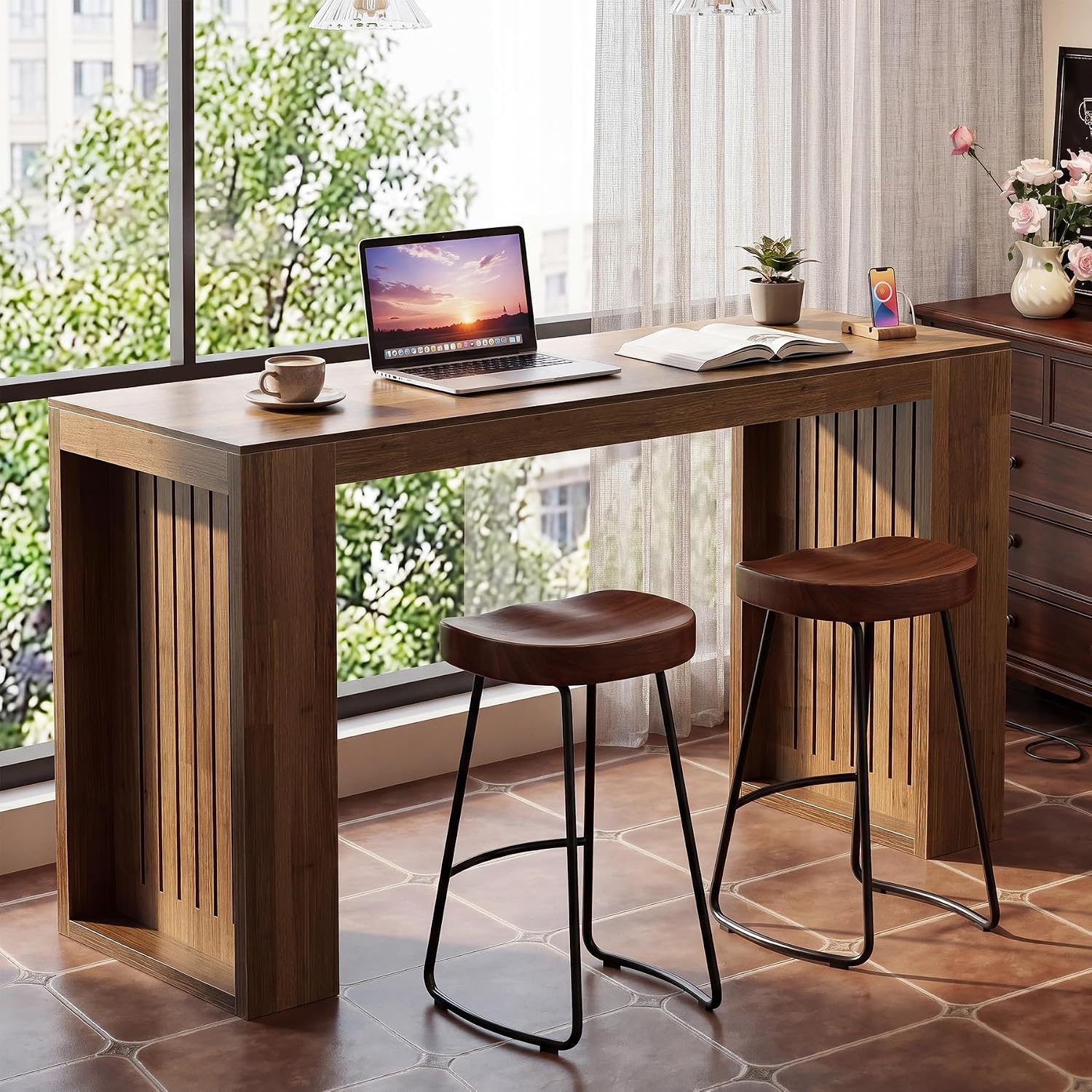 63" Long Bar Table, Counter Height Home Bar Unit Dining Table - Image 3