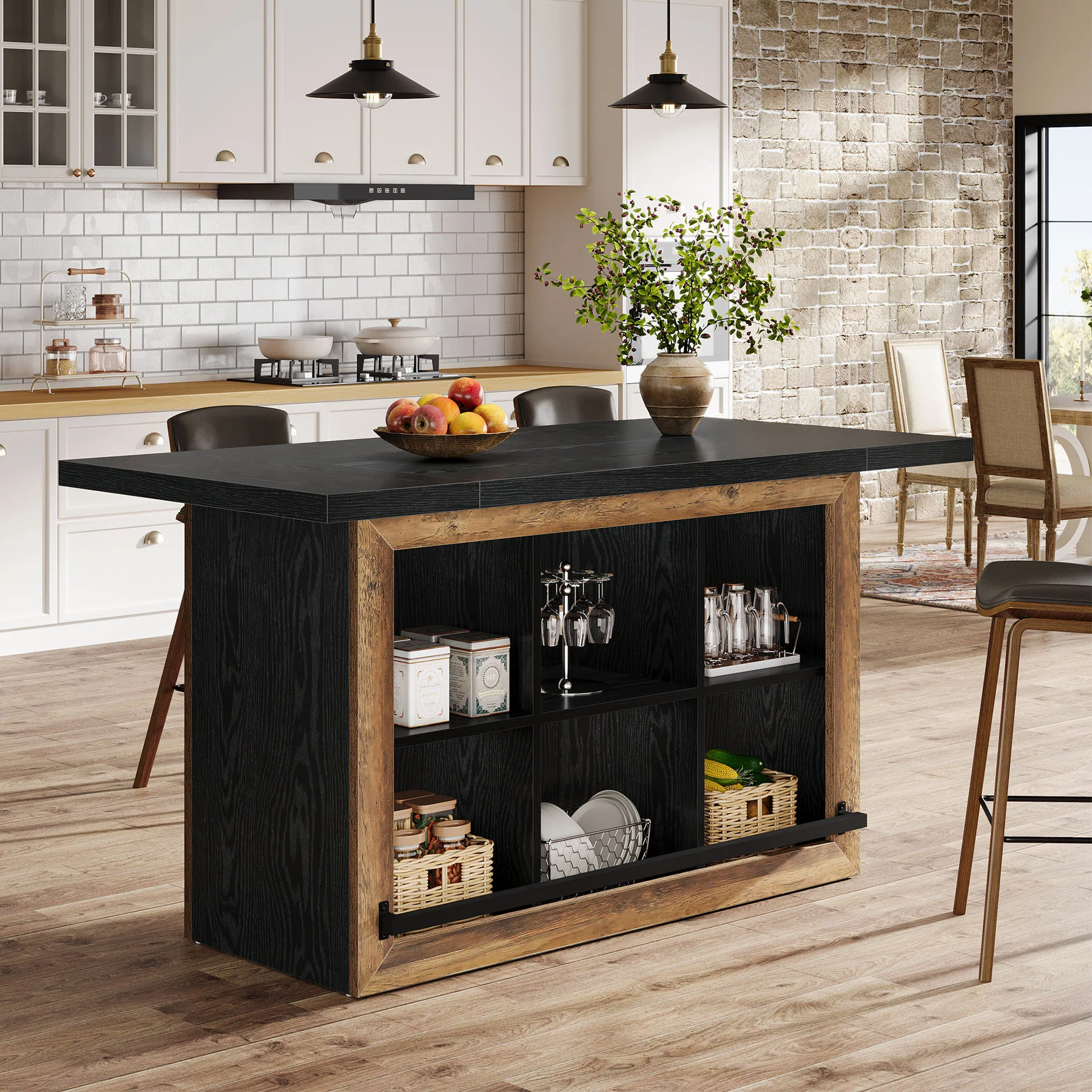Kitchen Island, Counter Height Kitchen Coffee Bar Table with Storage - Image 4