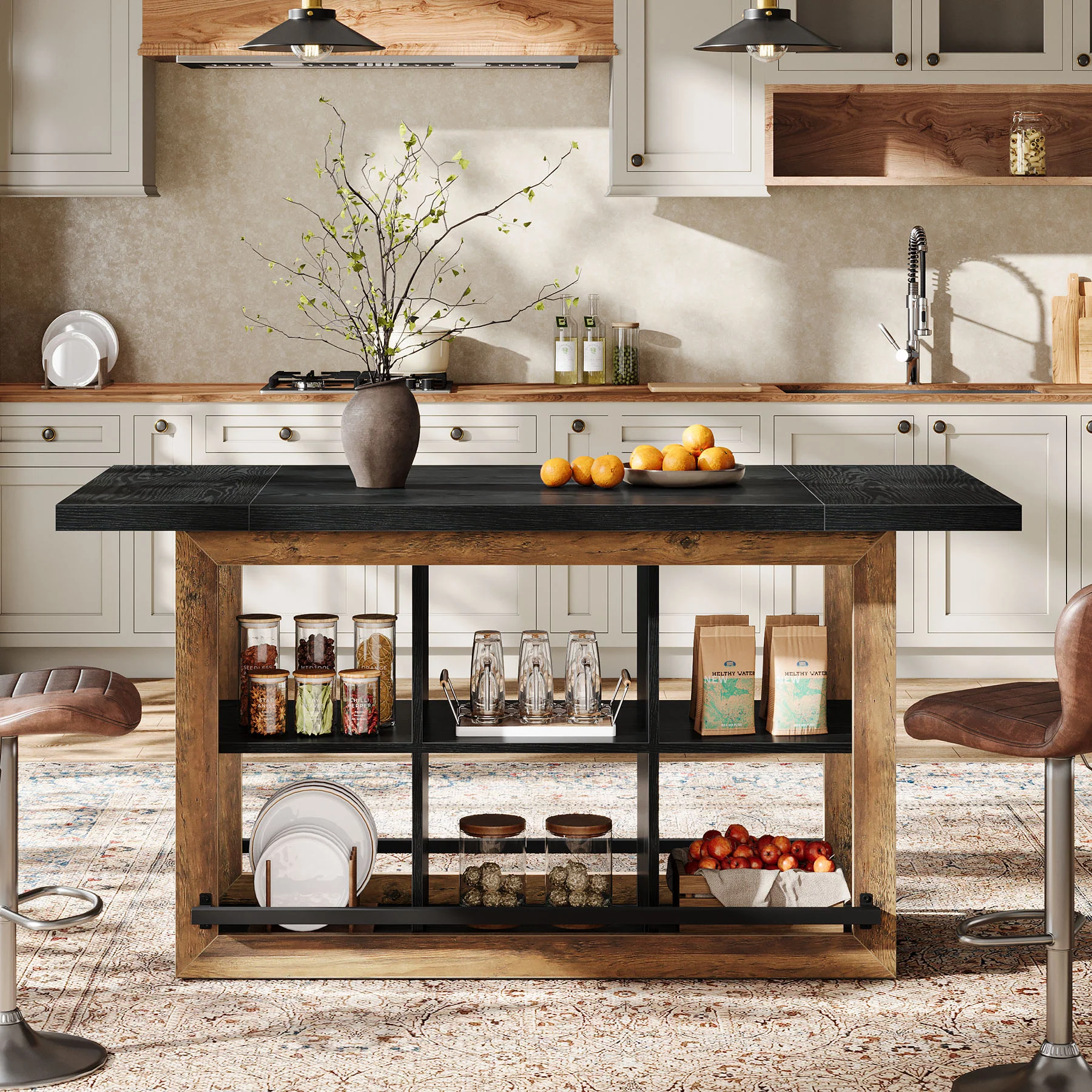 Kitchen Island, Counter Height Kitchen Coffee Bar Table with Storage - Image 6