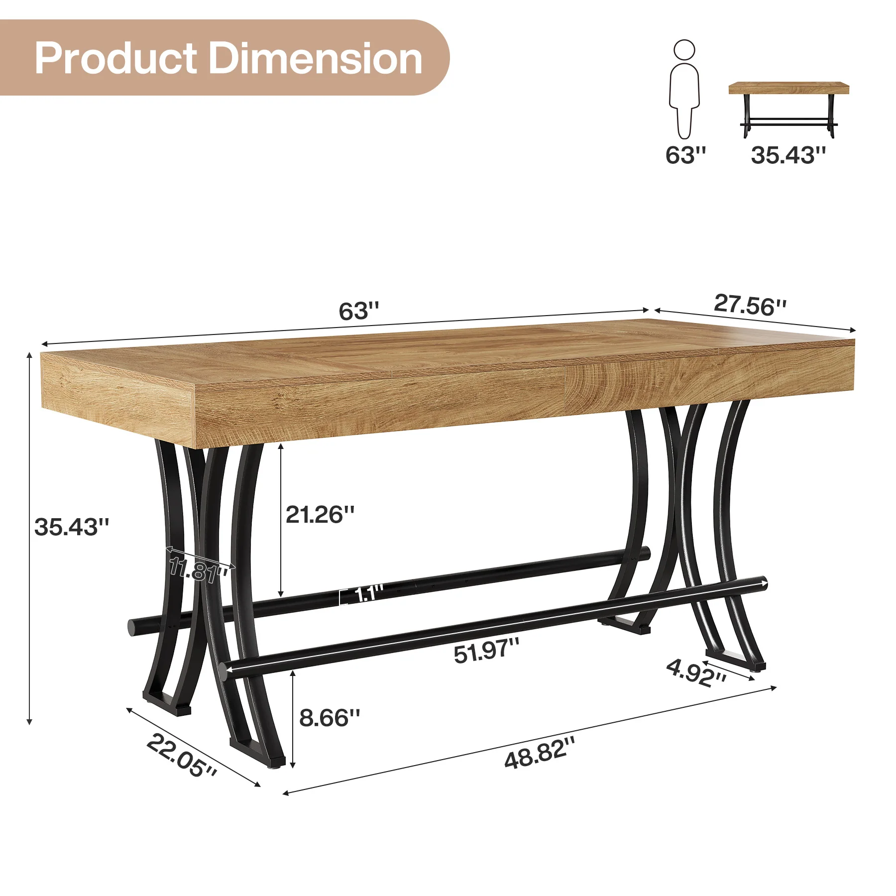 63" Bar Pub Table, Counter Height Kitchen Dining Table with Metal Footrest - Image 2