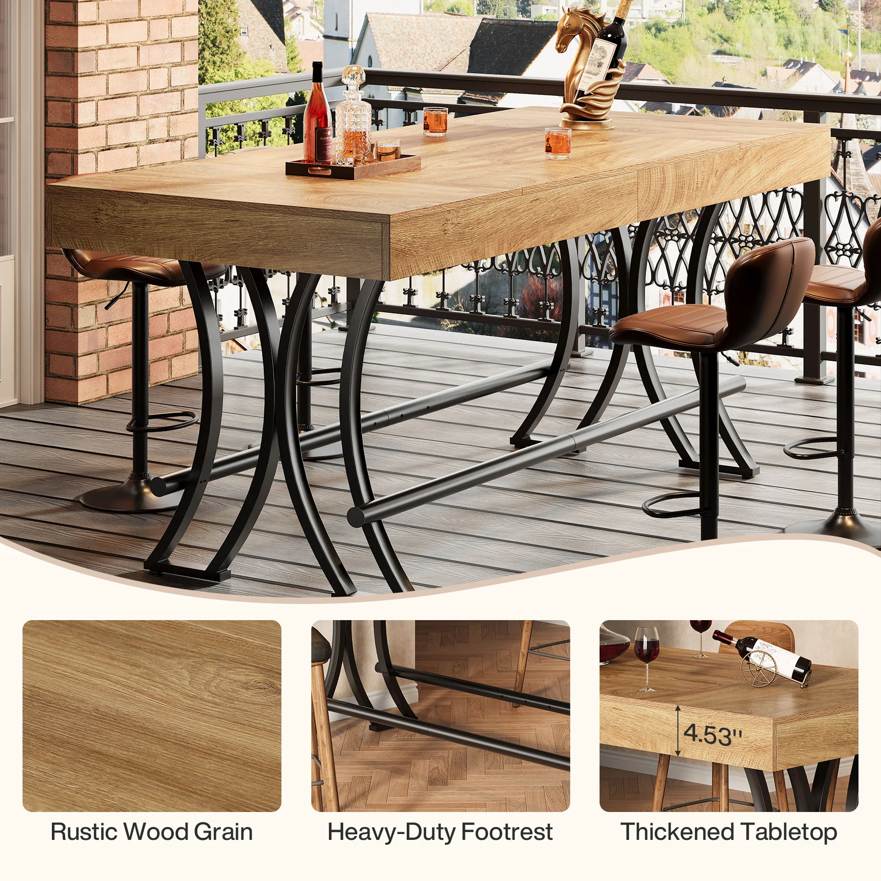 63" Bar Pub Table, Counter Height Kitchen Dining Table with Metal Footrest - Image 7