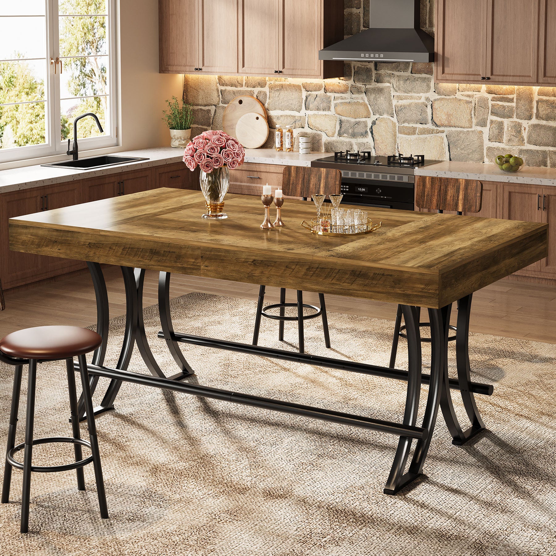 63" Bar Pub Table, Counter Height Kitchen Dining Table with Metal Footrest - Image 9