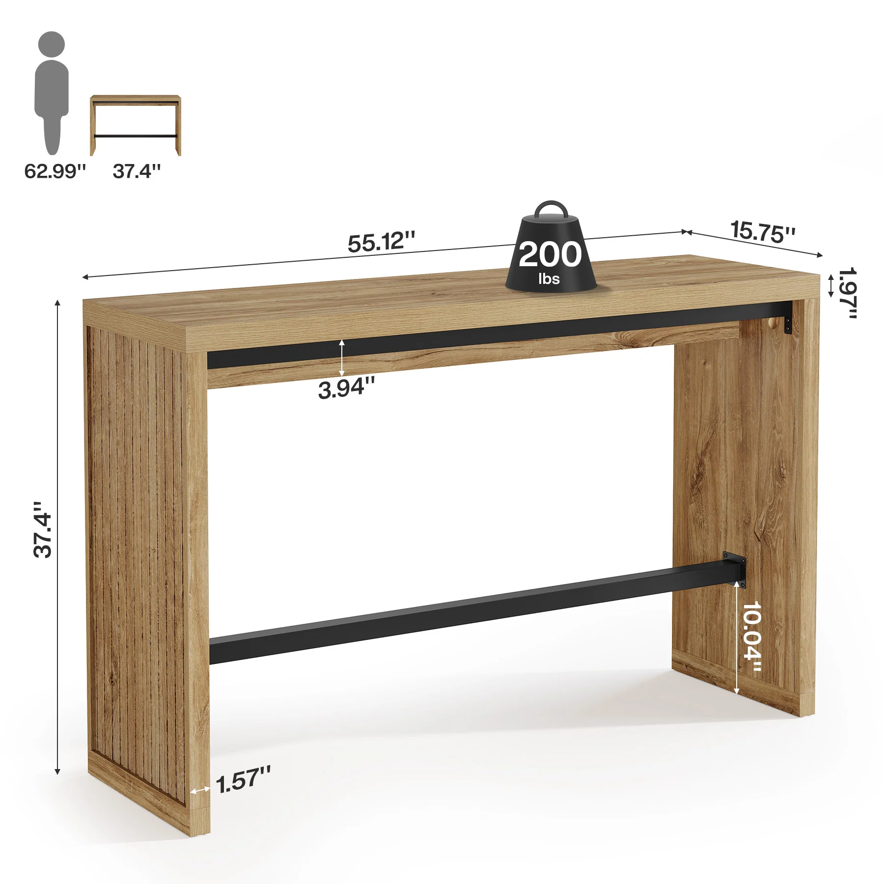 55" Bar Table, Rectangular Counter Height Pub Table with Metal Footrest - Image 2