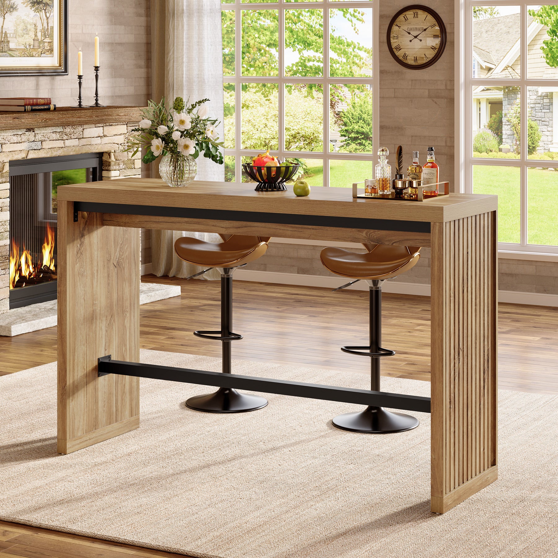 55" Bar Table, Rectangular Counter Height Pub Table with Metal Footrest - Image 3