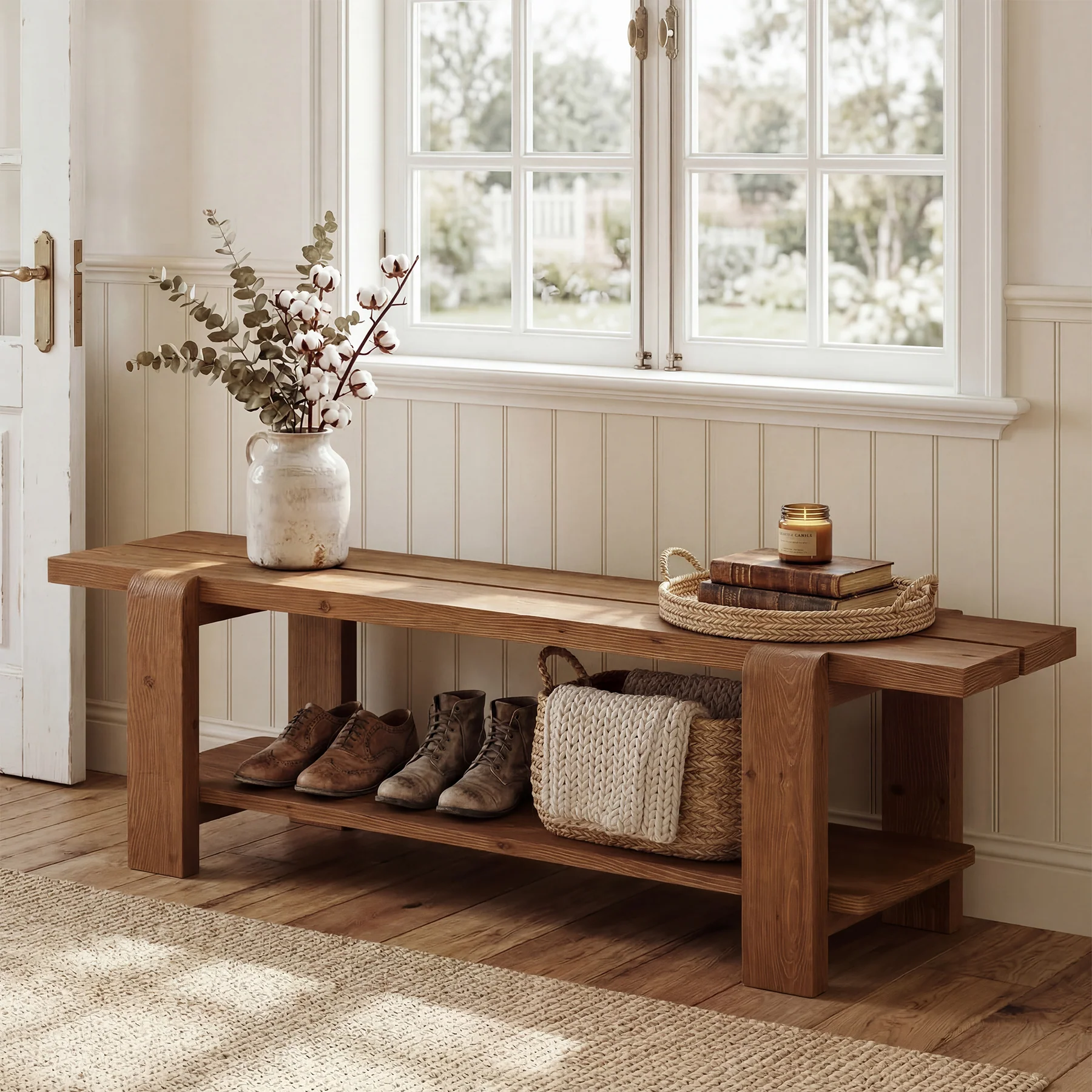 Tribesigns 63" Solid Wood Entryway Bench, Farmhouse Shoe Storage Bench for Hallway