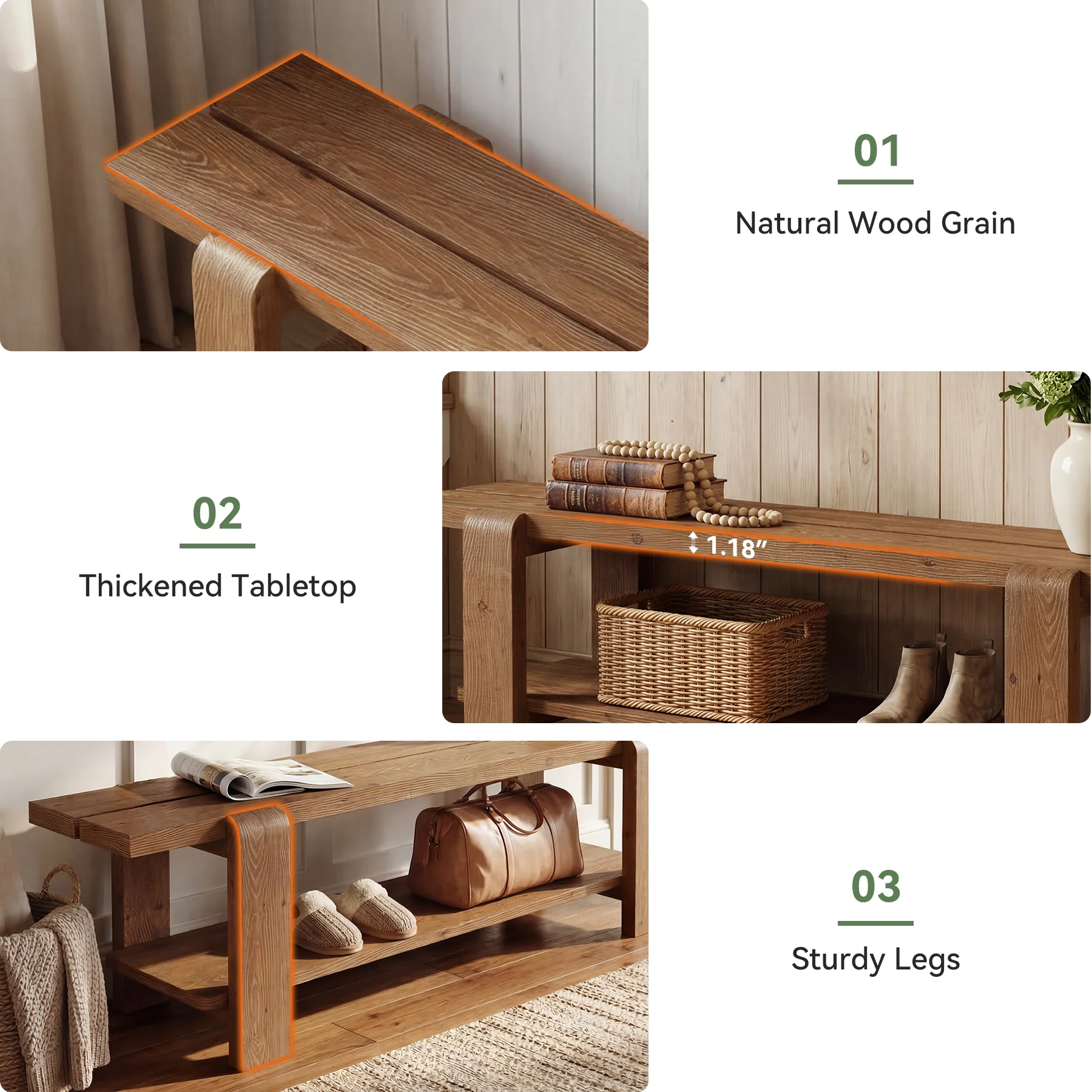 Tribesigns 63" Solid Wood Entryway Bench, Farmhouse Shoe Storage Bench for Hallway - Image 12