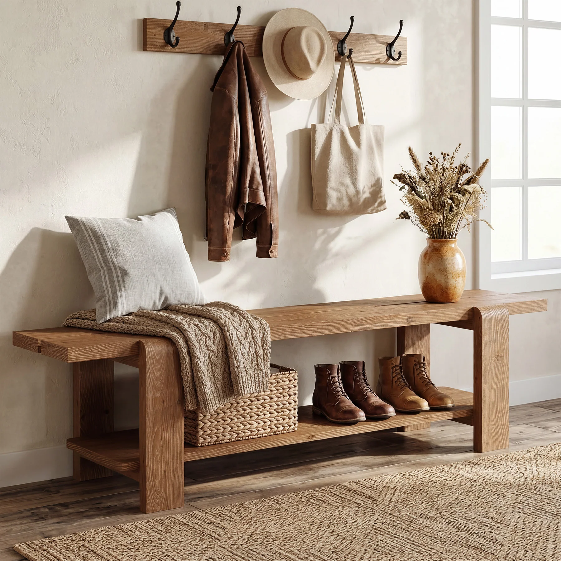 Tribesigns 63" Solid Wood Entryway Bench, Farmhouse Shoe Storage Bench for Hallway - Image 4