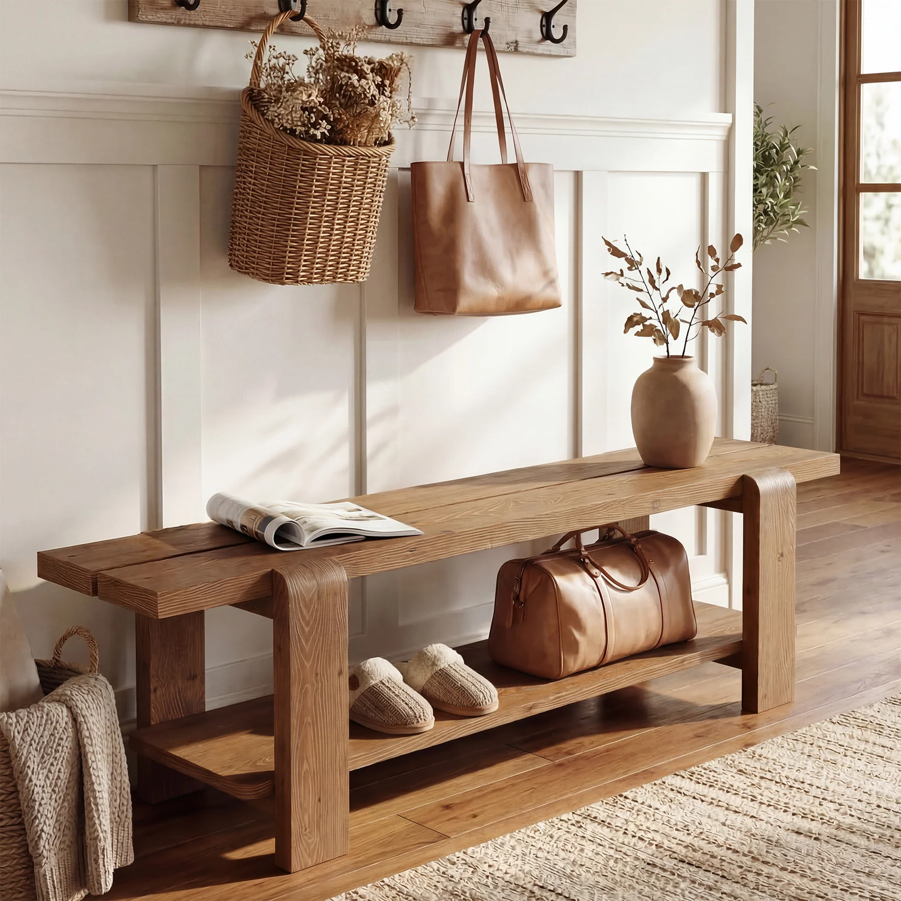 Tribesigns 63" Solid Wood Entryway Bench, Farmhouse Shoe Storage Bench for Hallway - Image 5