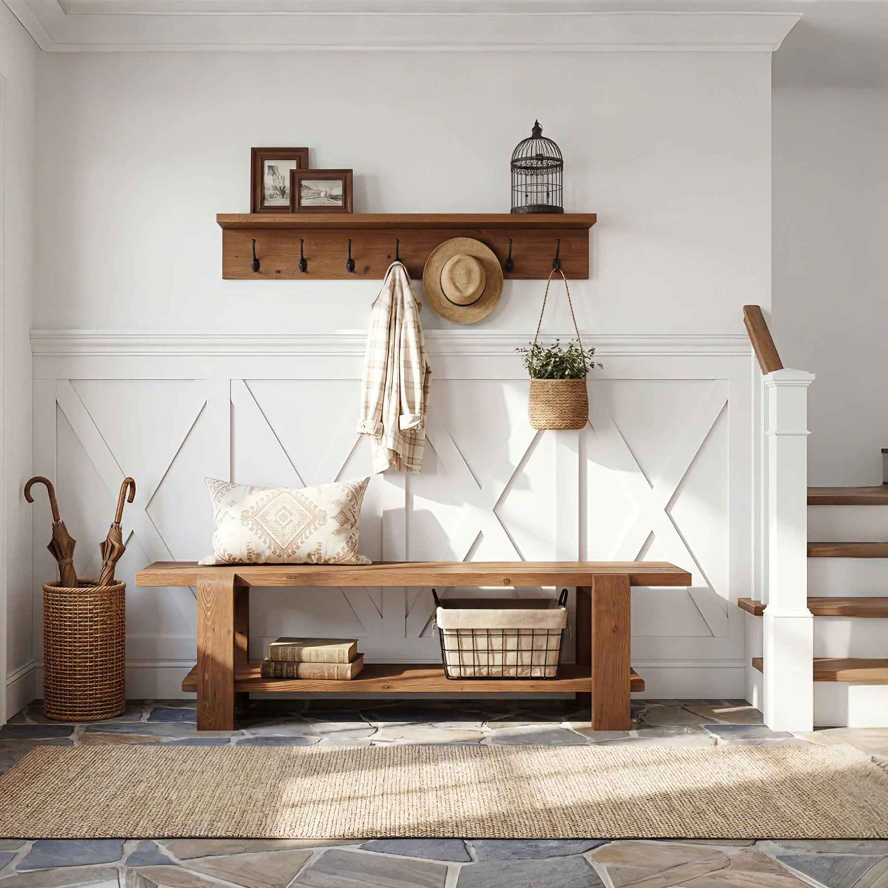 Tribesigns 63" Solid Wood Entryway Bench, Farmhouse Shoe Storage Bench for Hallway - Image 7