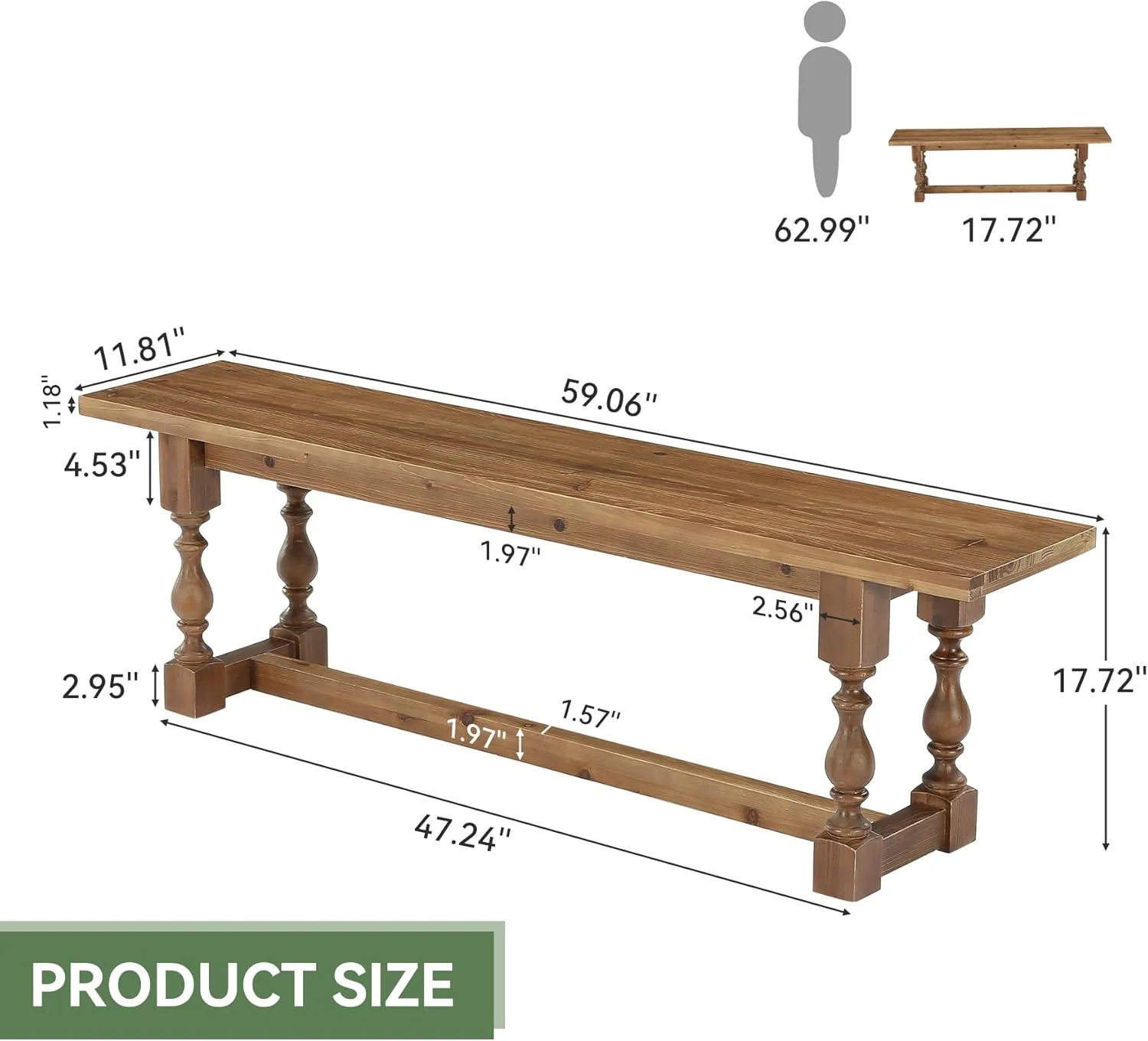59.1" Solid Wood Entryway Bench with Turned Legs - Image 2