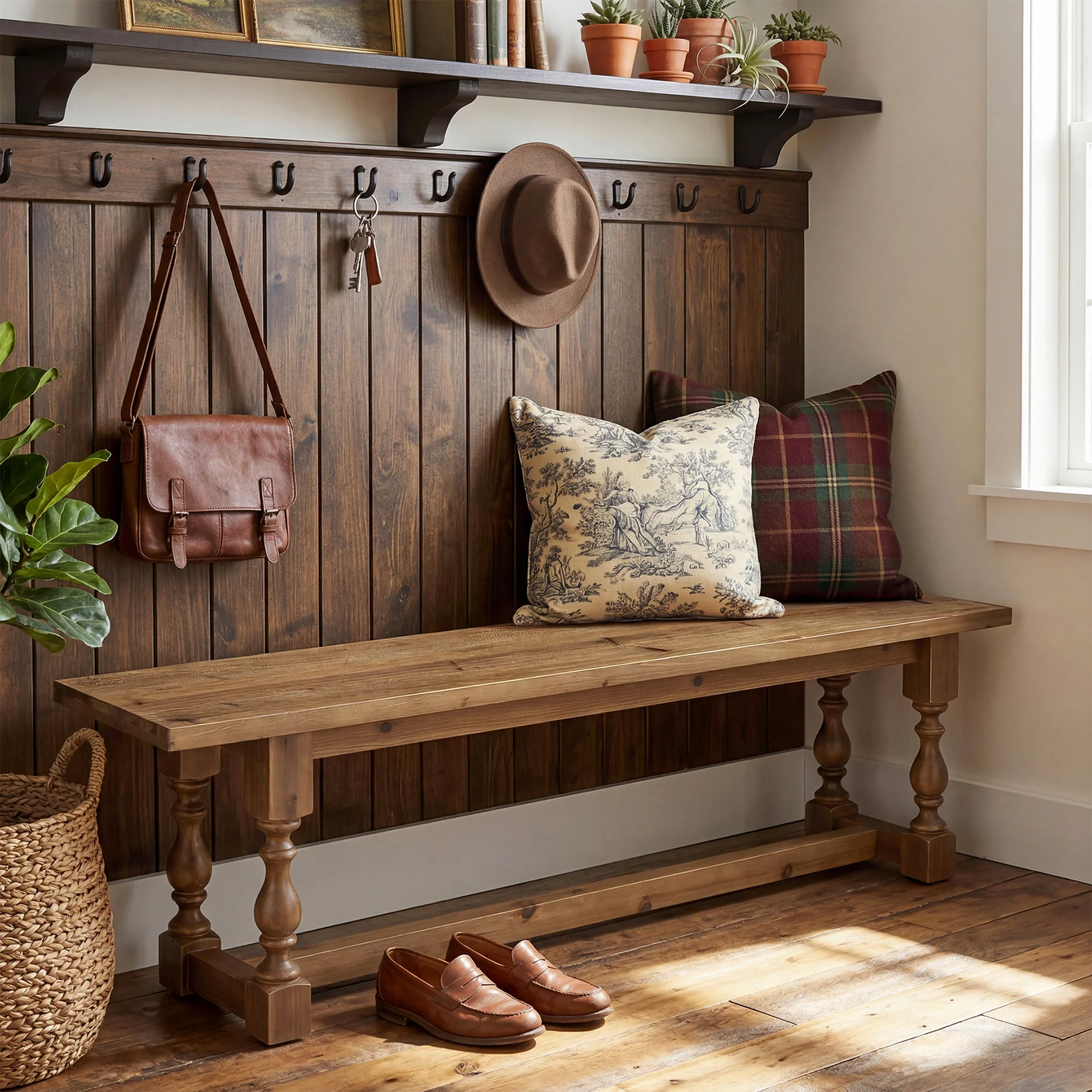 59.1" Solid Wood Entryway Bench with Turned Legs - Image 3