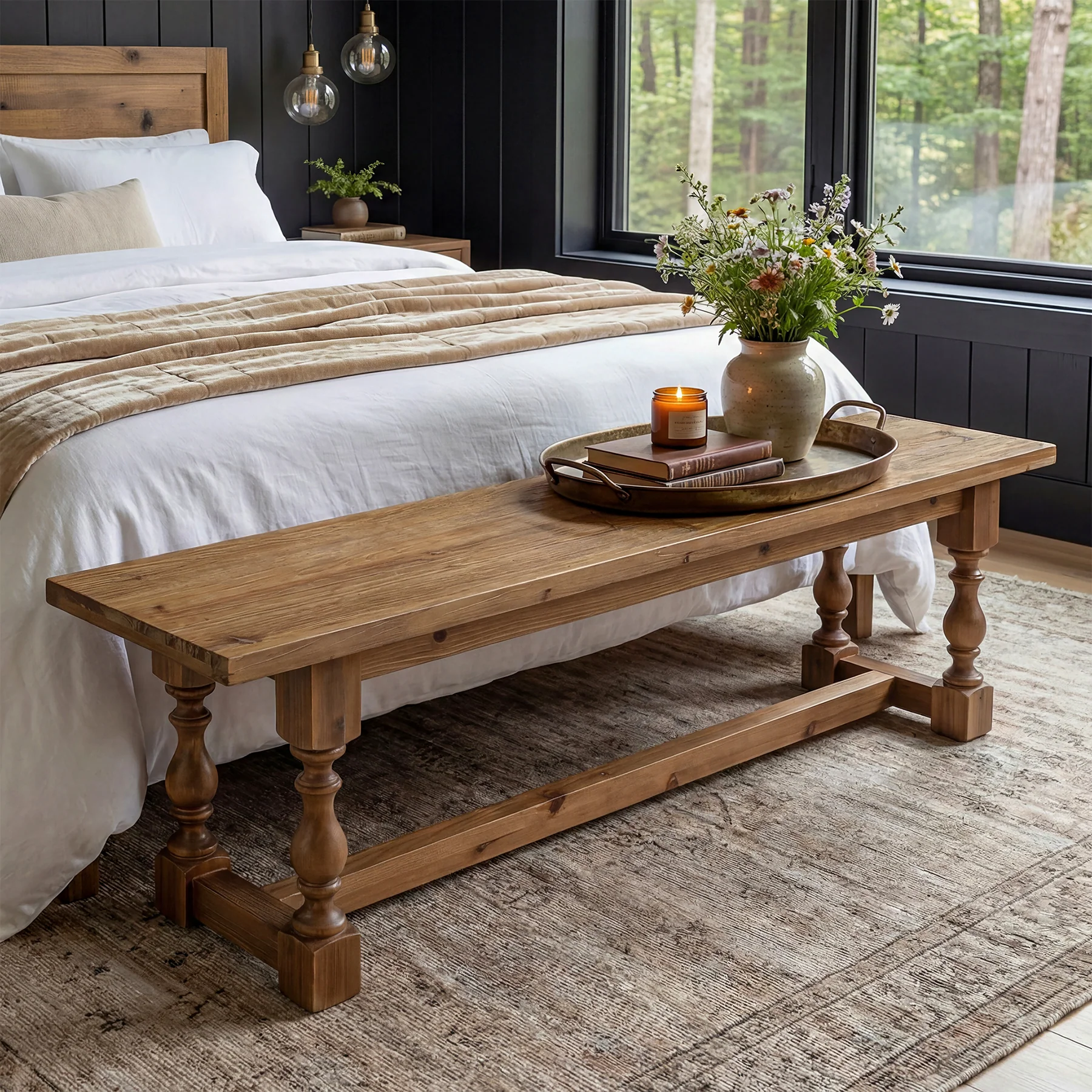 59.1" Solid Wood Entryway Bench with Turned Legs - Image 5