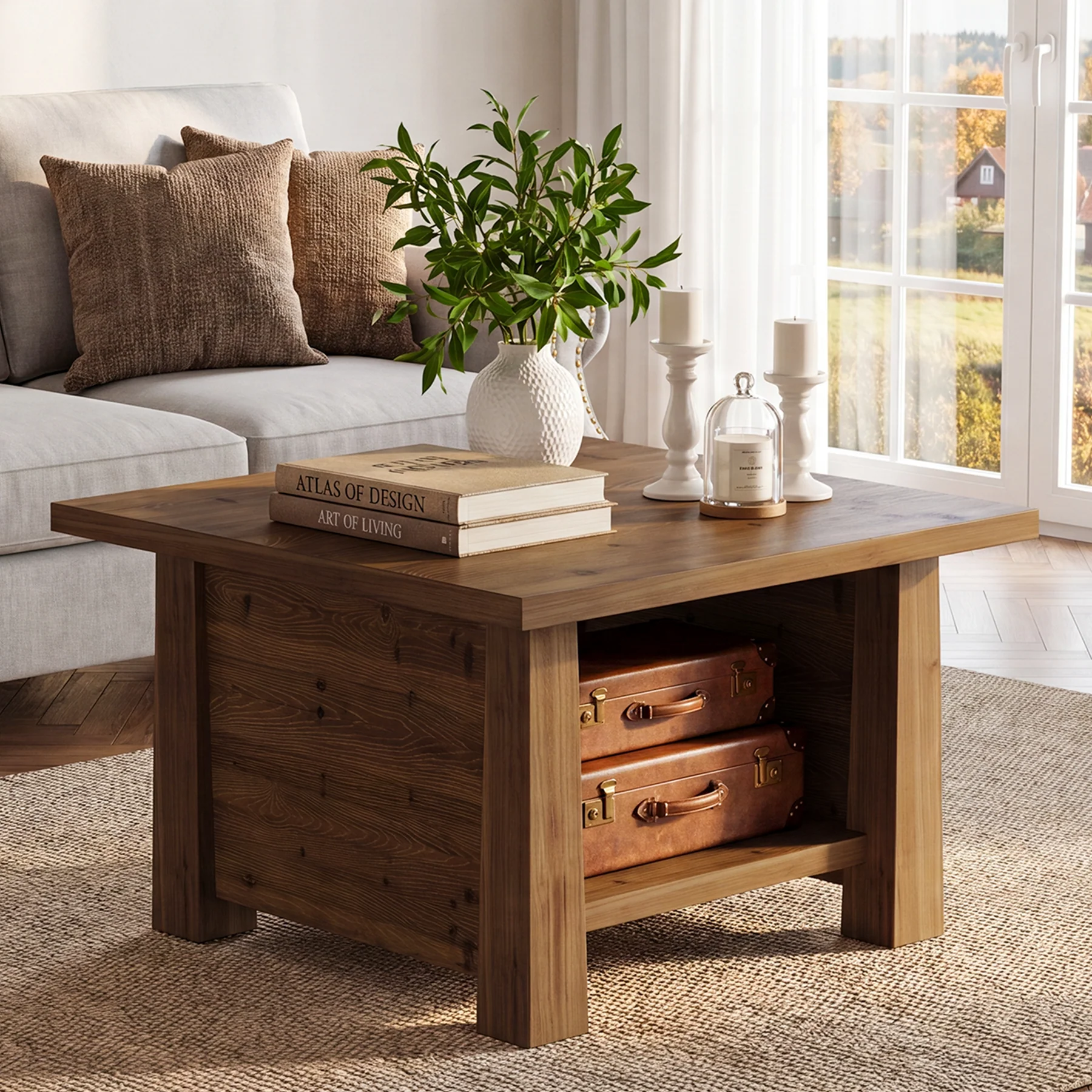31.5" Solid Wood Coffee Table, Farmhouse 2-Tier Wooden Square Center Table