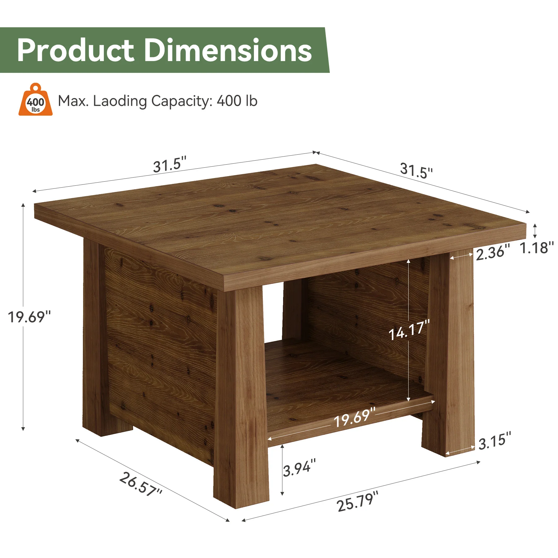 31.5" Solid Wood Coffee Table, Farmhouse 2-Tier Wooden Square Center Table - Image 2