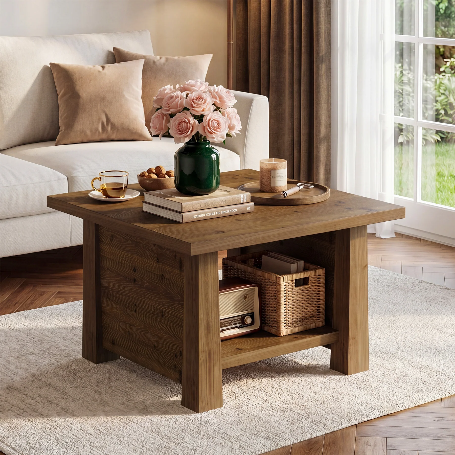 31.5" Solid Wood Coffee Table, Farmhouse 2-Tier Wooden Square Center Table - Image 4