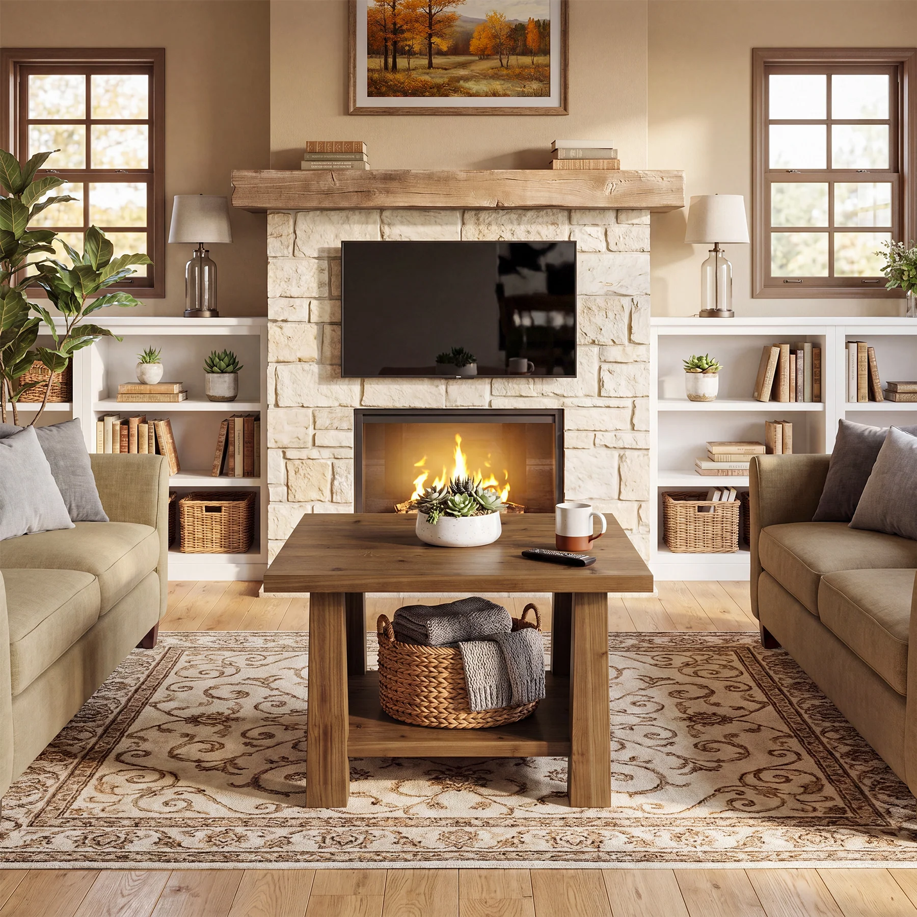 31.5" Solid Wood Coffee Table, Farmhouse 2-Tier Wooden Square Center Table - Image 5