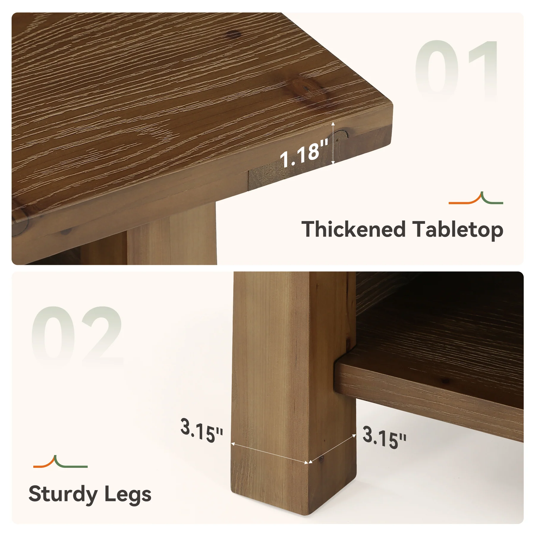 31.5" Solid Wood Coffee Table, Farmhouse 2-Tier Wooden Square Center Table - Image 7