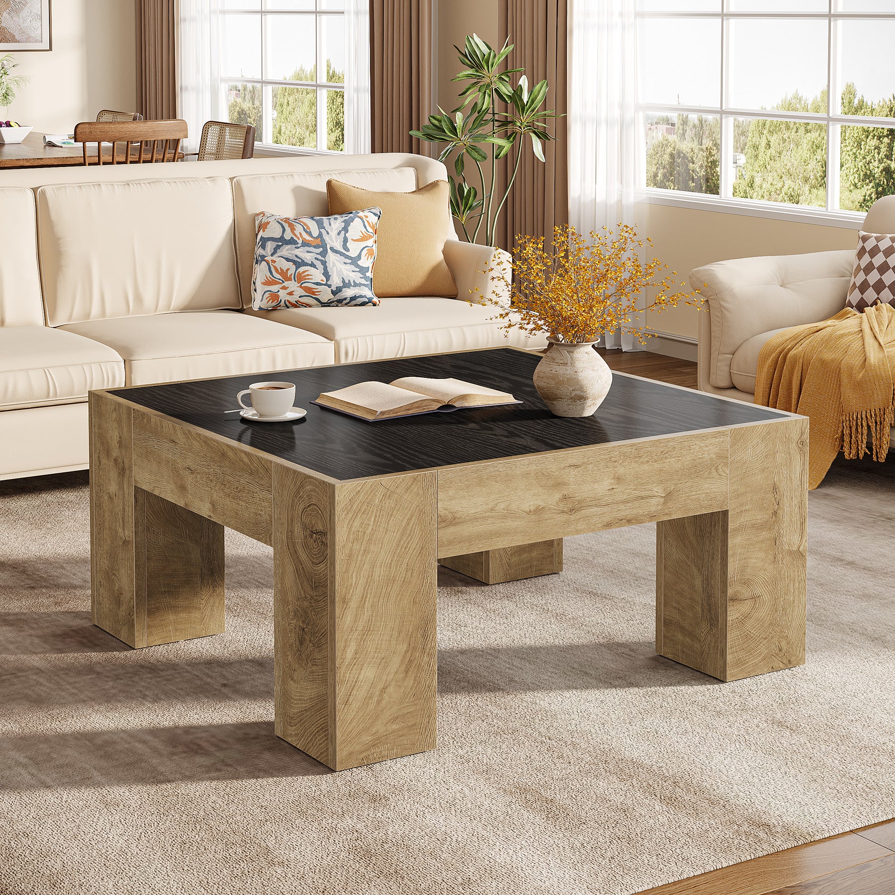 31.5" Square Coffee Tables, Farmhouse Center Table with Sturdy Legs - Image 4