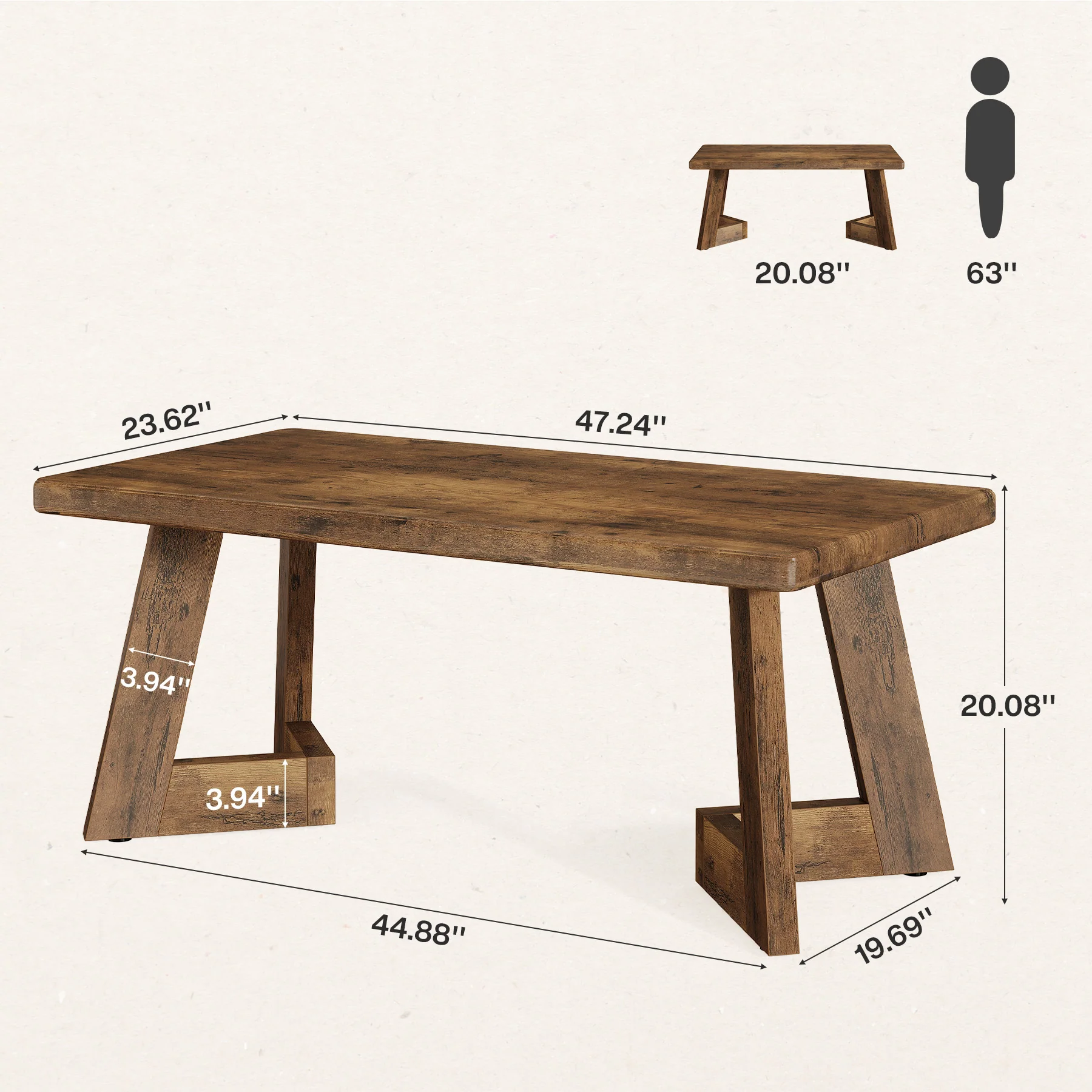 47.2" Coffee Table, Farmhouse Center Table with V-Shaped Legs - Image 2