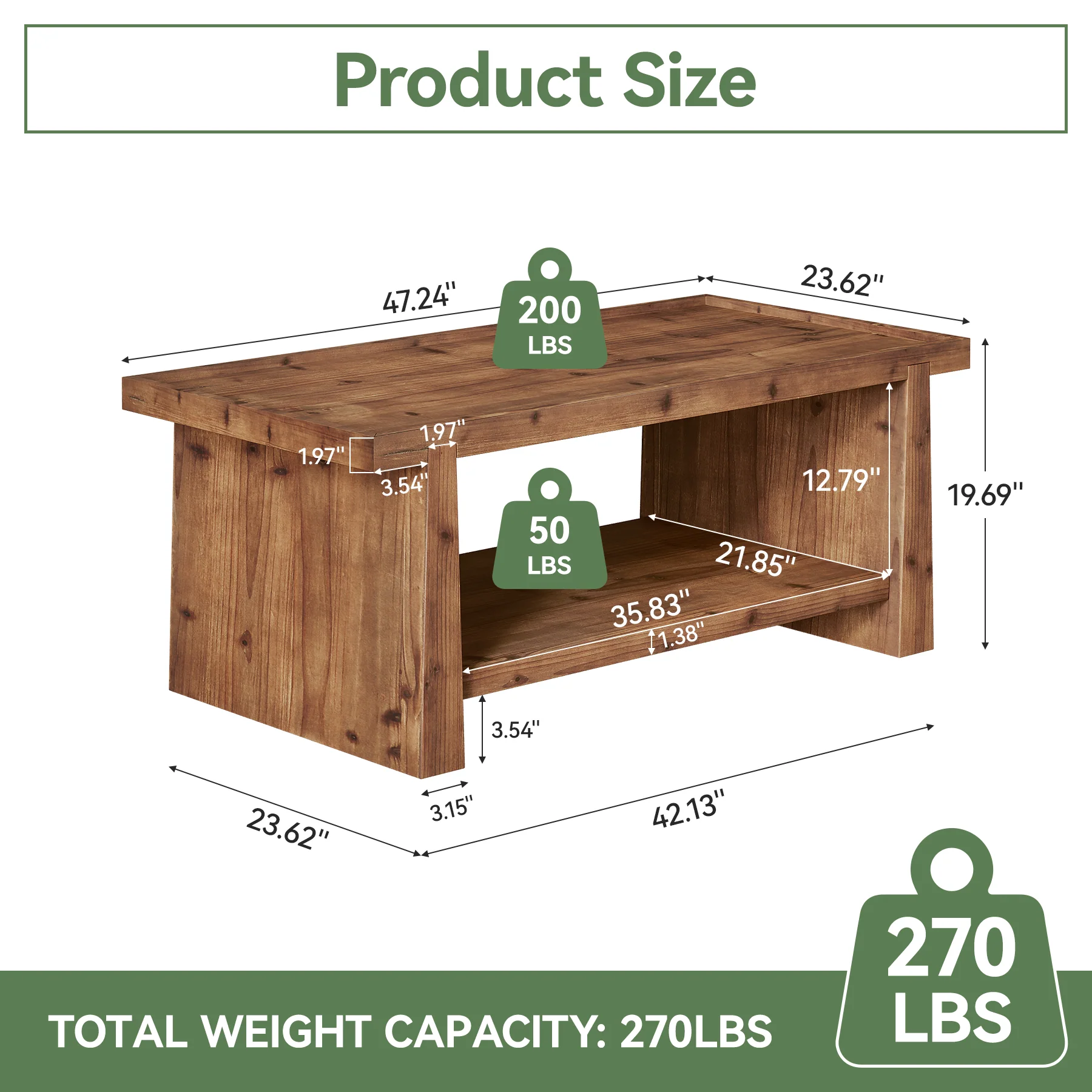47" Wood Coffee Table, Farmhouse Center Table with 2-Tier Open Storage - Image 2