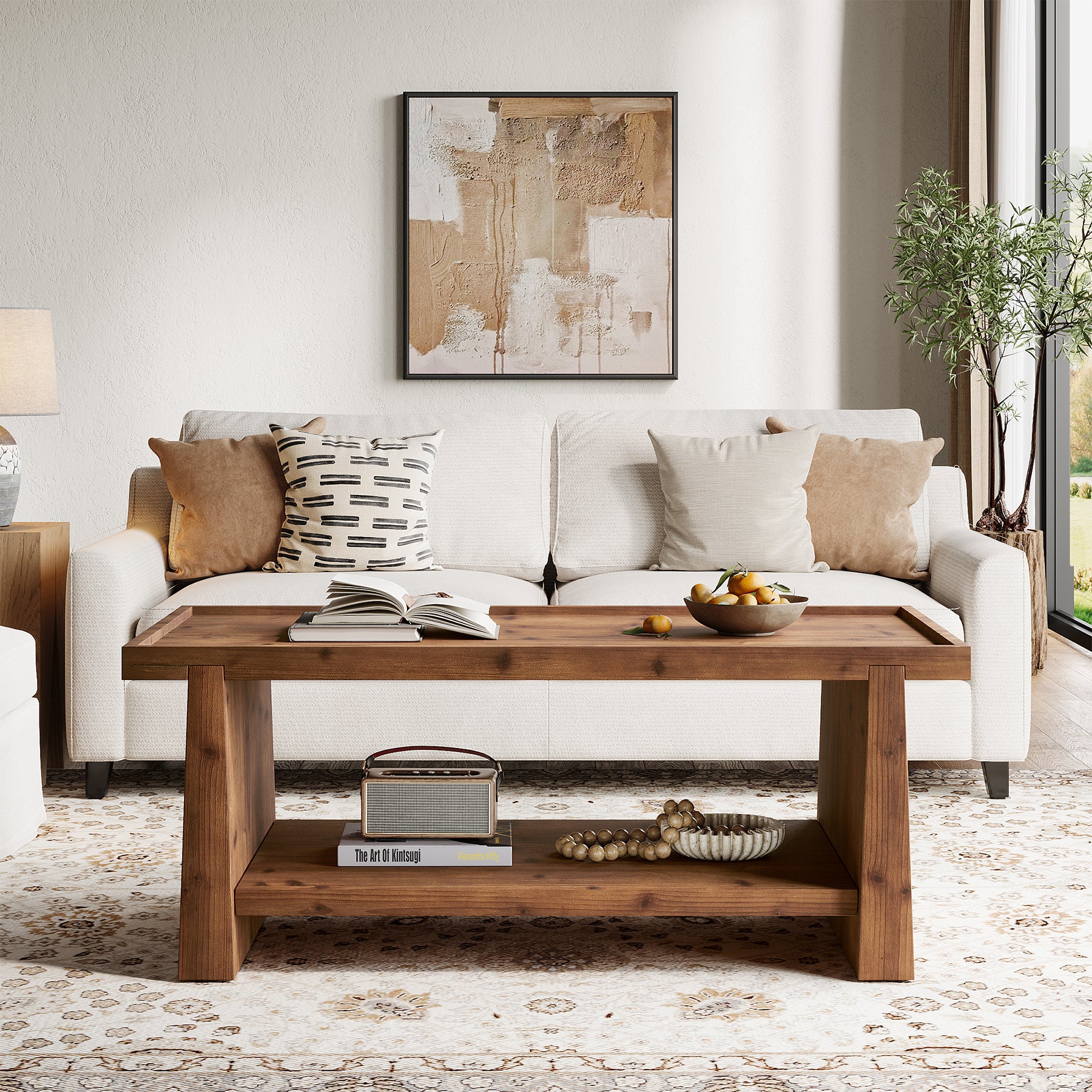 47" Wood Coffee Table, Farmhouse Center Table with 2-Tier Open Storage - Image 3