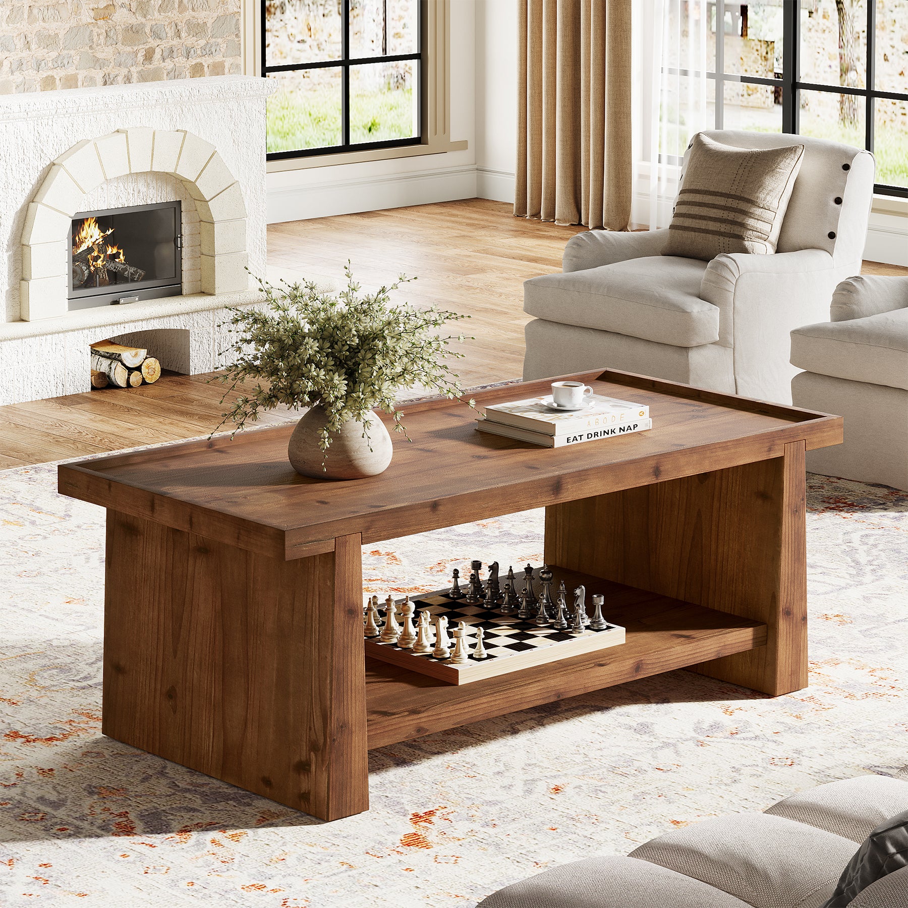 47" Wood Coffee Table, Farmhouse Center Table with 2-Tier Open Storage - Image 4