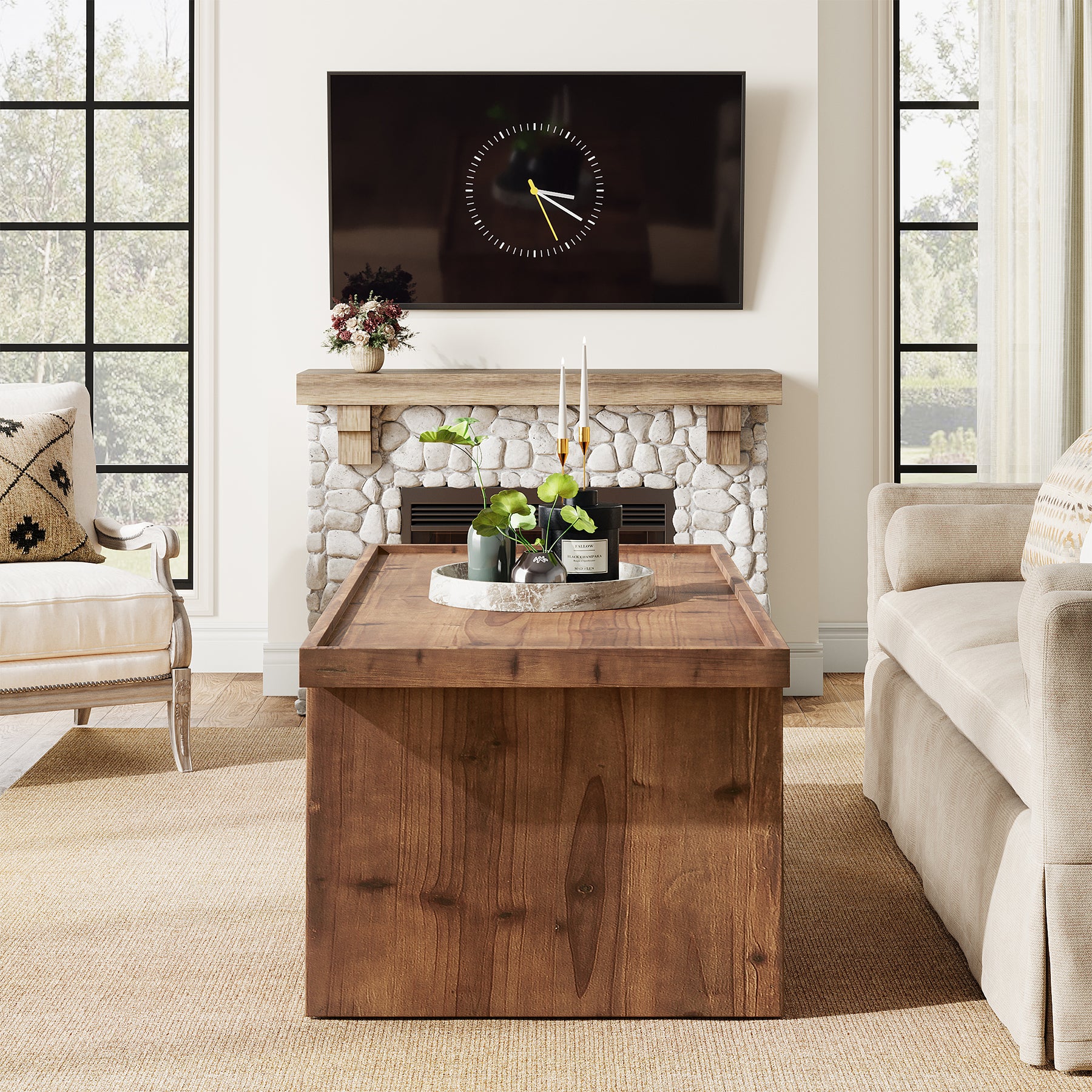 47" Wood Coffee Table, Farmhouse Center Table with 2-Tier Open Storage - Image 5