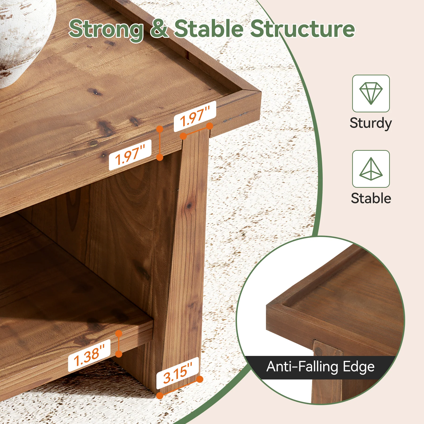 47" Wood Coffee Table, Farmhouse Center Table with 2-Tier Open Storage - Image 6