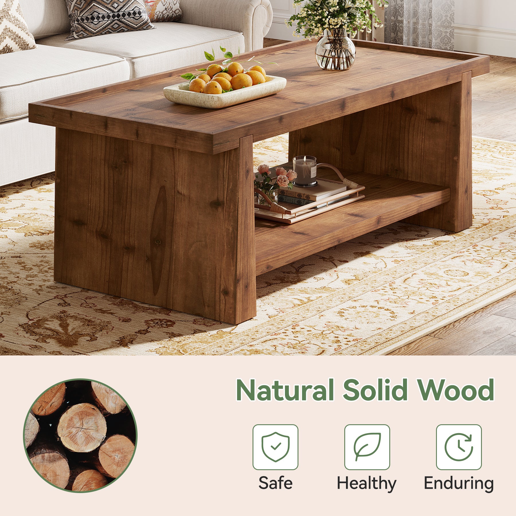 47" Wood Coffee Table, Farmhouse Center Table with 2-Tier Open Storage - Image 7