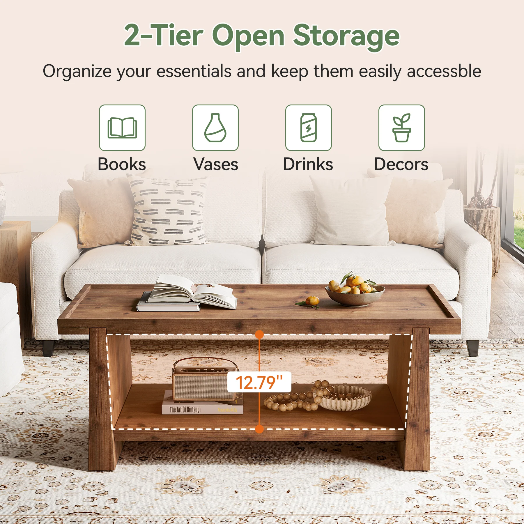 47" Wood Coffee Table, Farmhouse Center Table with 2-Tier Open Storage - Image 8