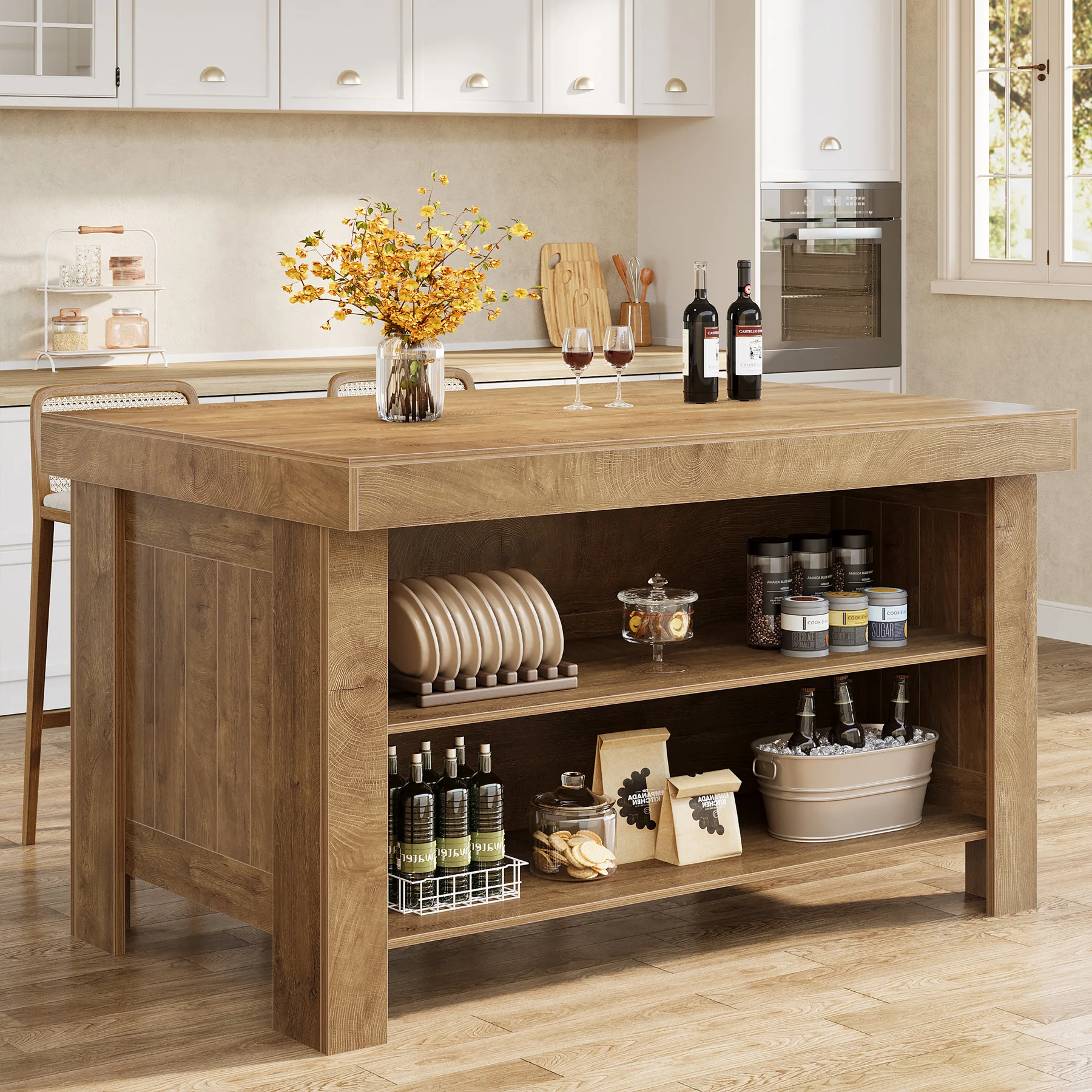 55" Kitchen Island Table, Farmhouse Counter Height Bar Table with Storage Shelves - Image 11
